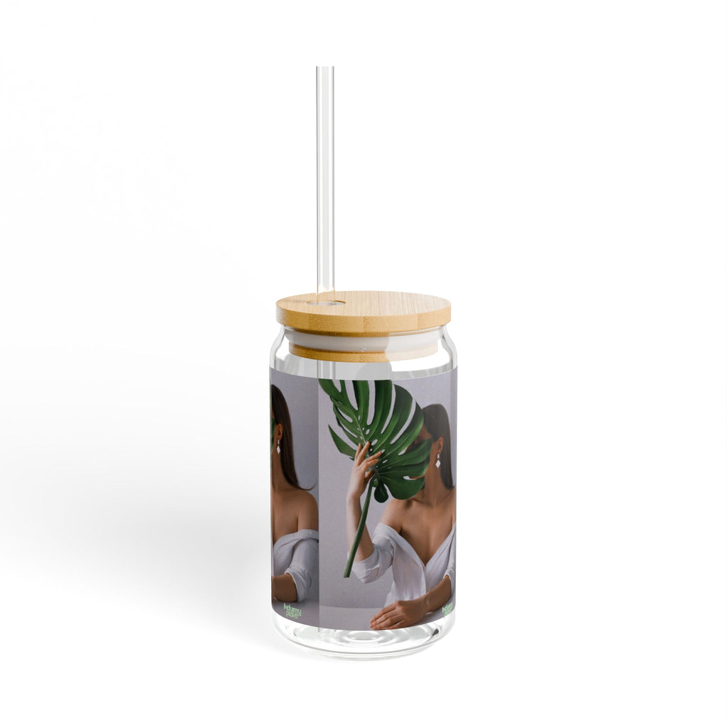 MONSTERA MYSTIQUE Stylish Bamboo Lid Sipper Glass - 16oz with Artistic Design by INDUSTRY PLANT @AutoPaybump