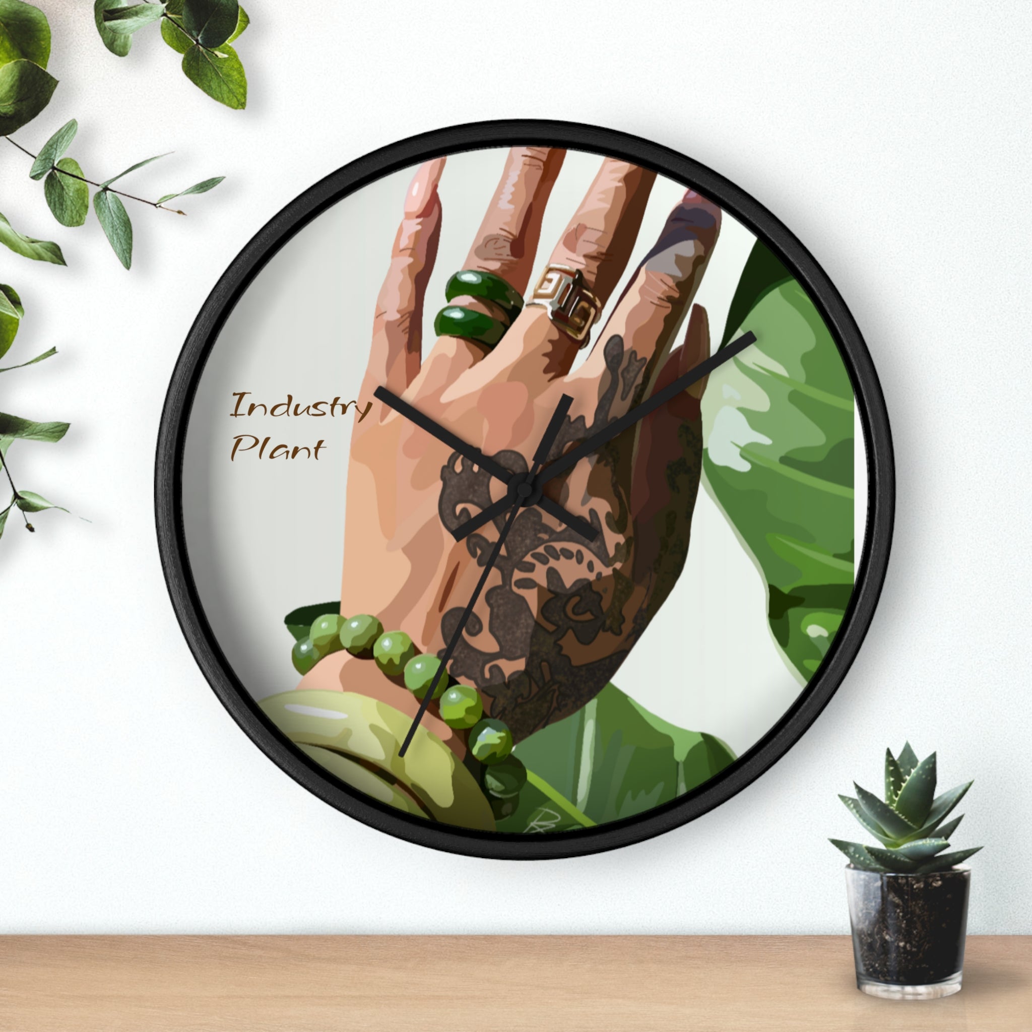 TATTED GREEN THUMB Wall Clock — Decorative Plant Parent Gift Fine Art Print Clock for Office & Study by Industry Plant