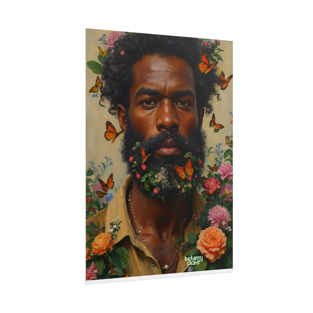 THE SPIRITUAL LANDSCAPER Fine Art Poster — Portrait of Man with Floral Beard and Butterflies, Botanical Fine Art Print by INDUSTRY PLANT @AutoPaybump