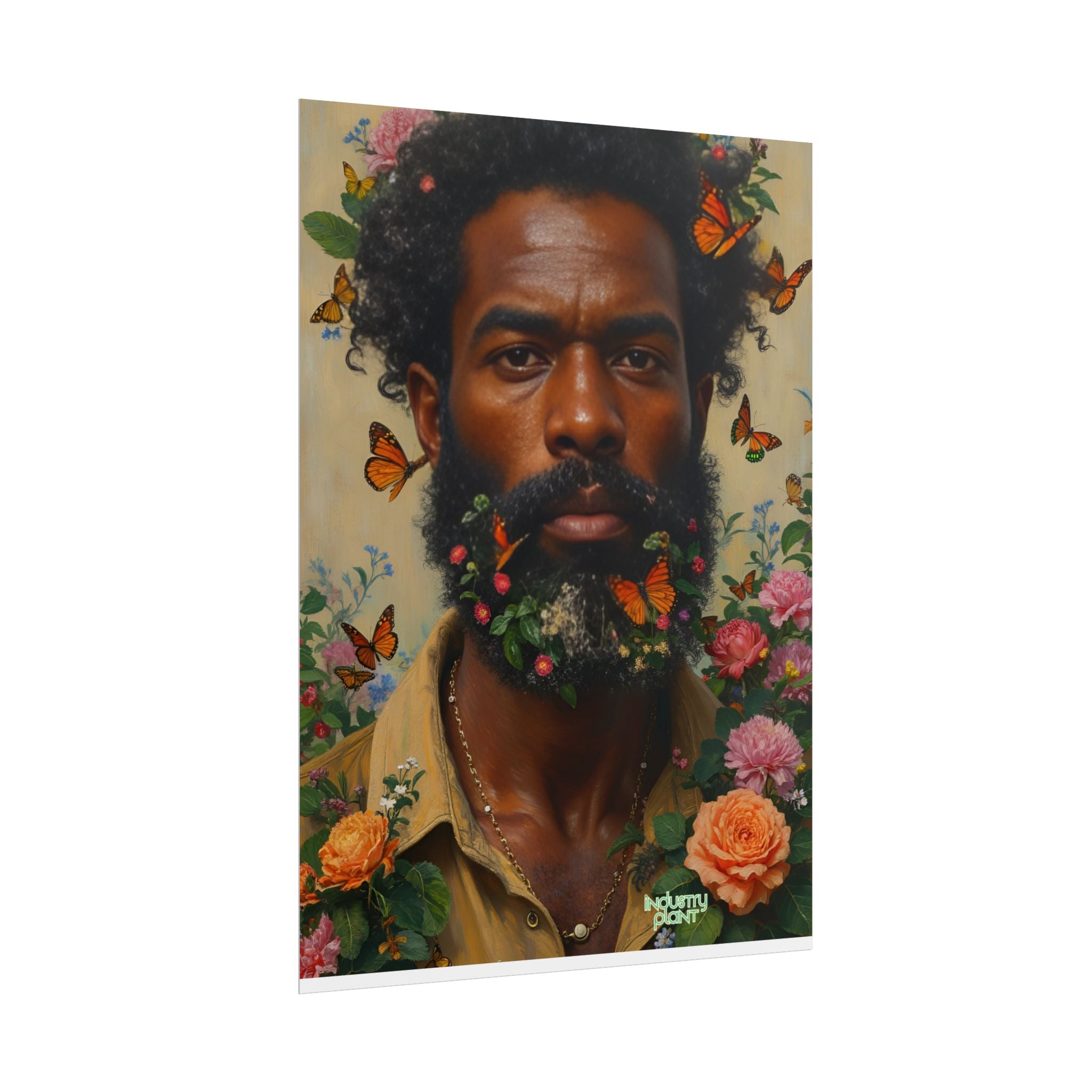 THE SPIRITUAL LANDSCAPER Fine Art Poster — Portrait of Man with Floral Beard and Butterflies, Botanical Fine Art Print by INDUSTRY PLANT @AutoPaybump