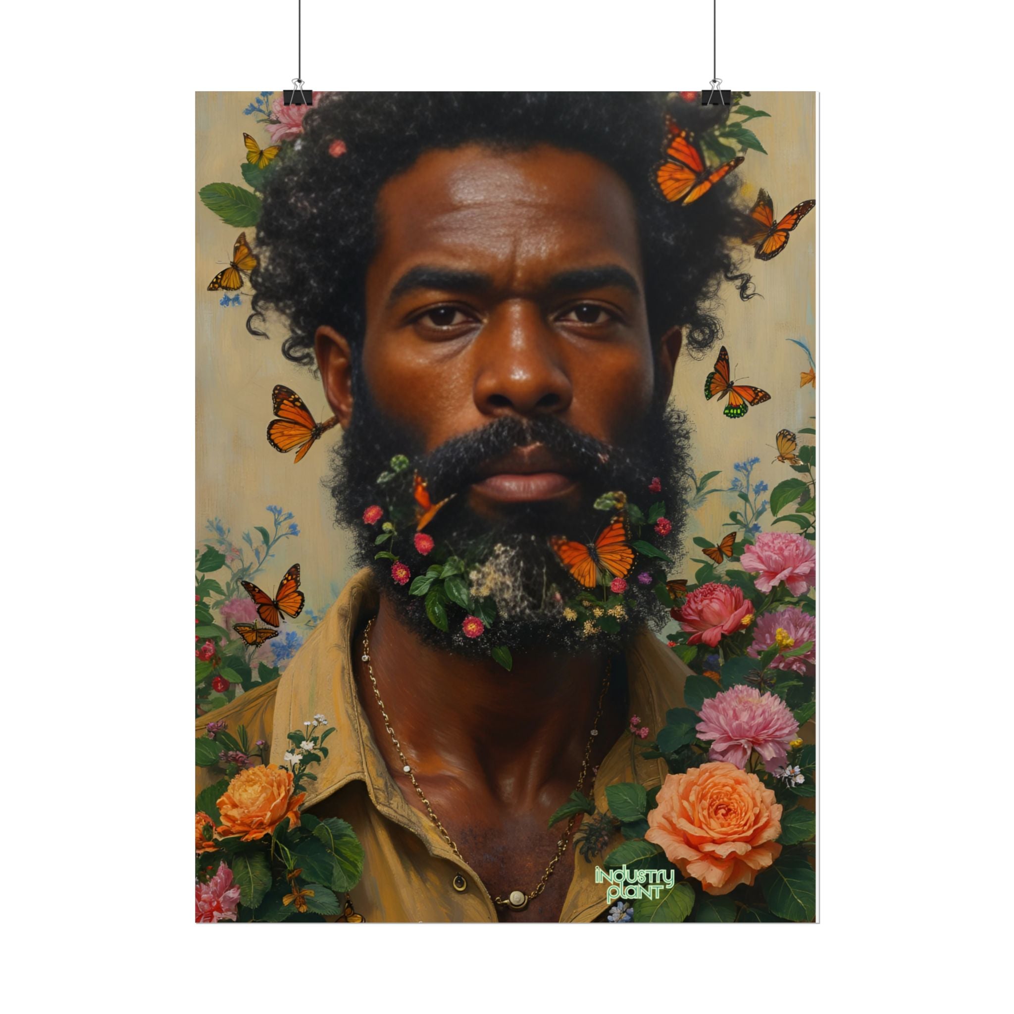 THE SPIRITUAL LANDSCAPER Fine Art Poster — Portrait of Man with Floral Beard and Butterflies, Botanical Fine Art Print by INDUSTRY PLANT @AutoPaybump
