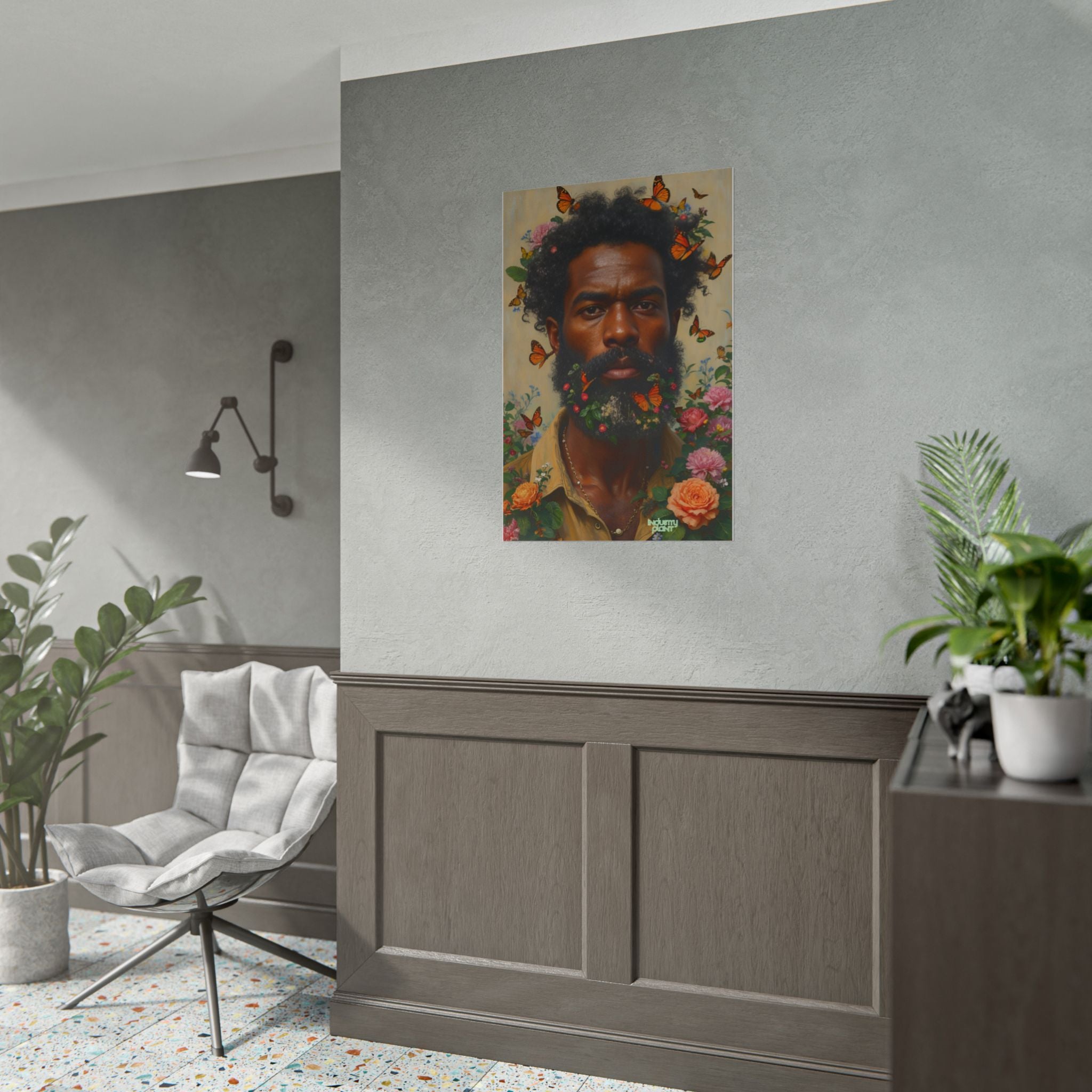 THE SPIRITUAL LANDSCAPER Fine Art Poster — Portrait of Man with Floral Beard and Butterflies, Botanical Fine Art Print by INDUSTRY PLANT @AutoPaybump