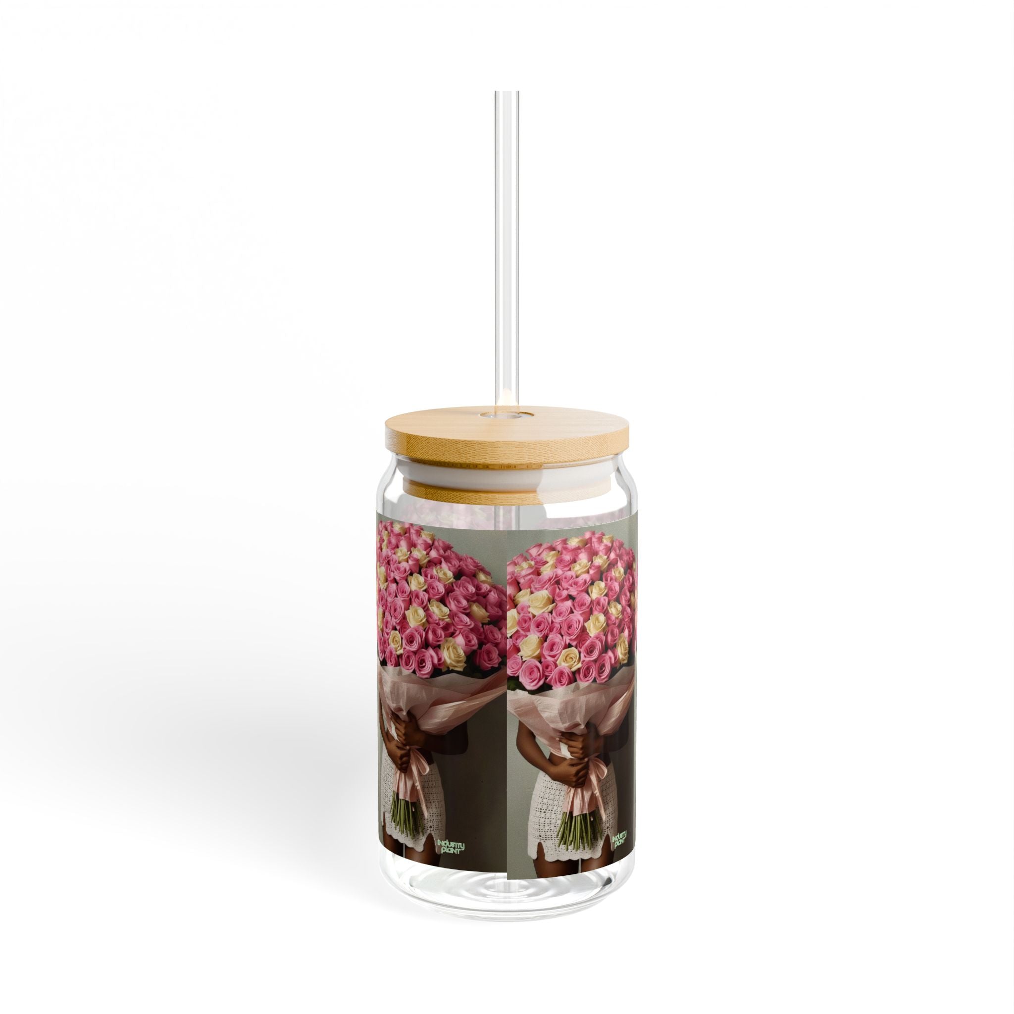 XOXO MS. BLOOMINGDALES PINK Stylish Bamboo Lid Sipper Glass - 16oz with Artistic Design by INDUSTRY PLANT @AutoPaybump