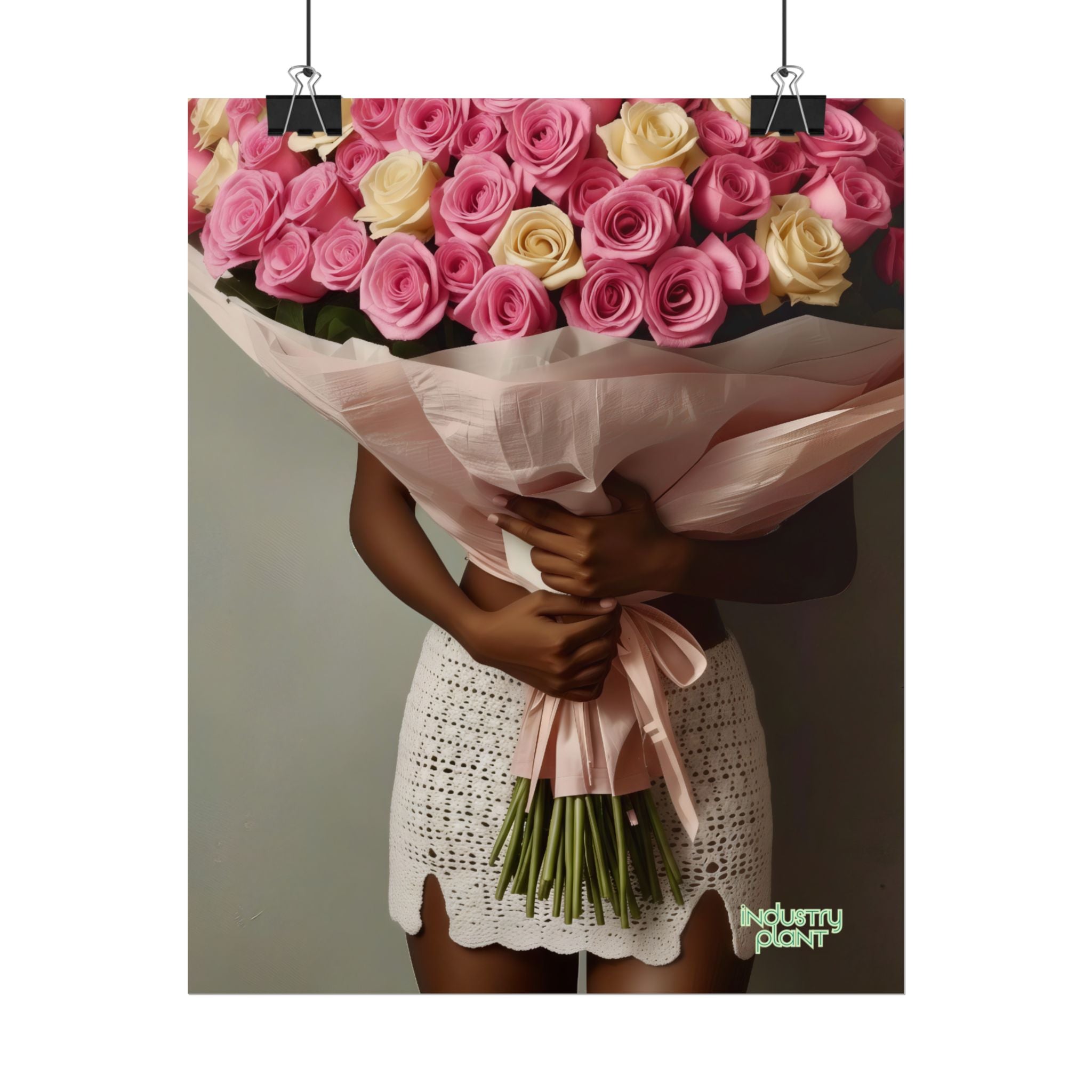 XOXO MS. BLOOMINGDALES PINK FINE Floral Bouquet Fine Art Poster — Woman Holding Pink & Cream Roses (Vertical Floral Wall Art) by INDUSTRY PLANT @AutoPaybump