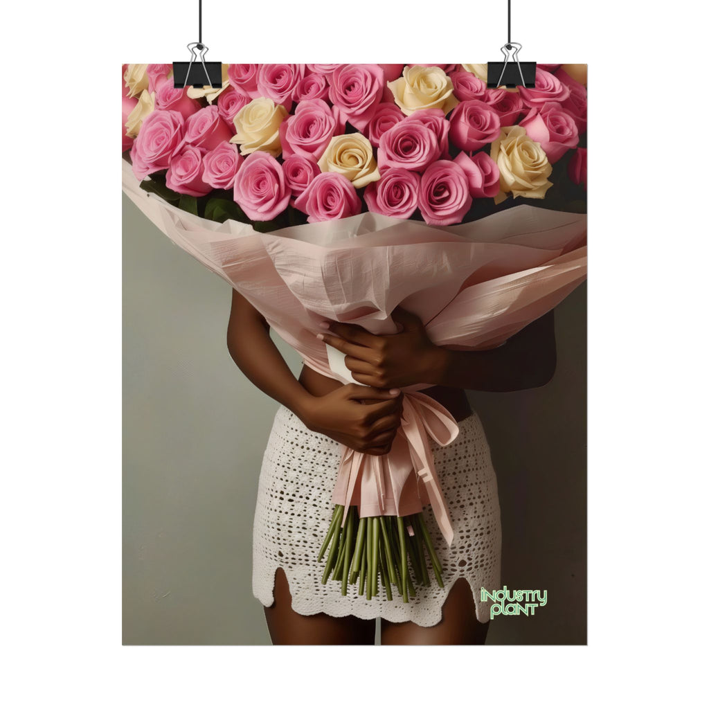 XOXO MS. BLOOMINGDALES PINK FINE Floral Bouquet Fine Art Poster — Woman Holding Pink & Cream Roses (Vertical Floral Wall Art) by INDUSTRY PLANT @AutoPaybump