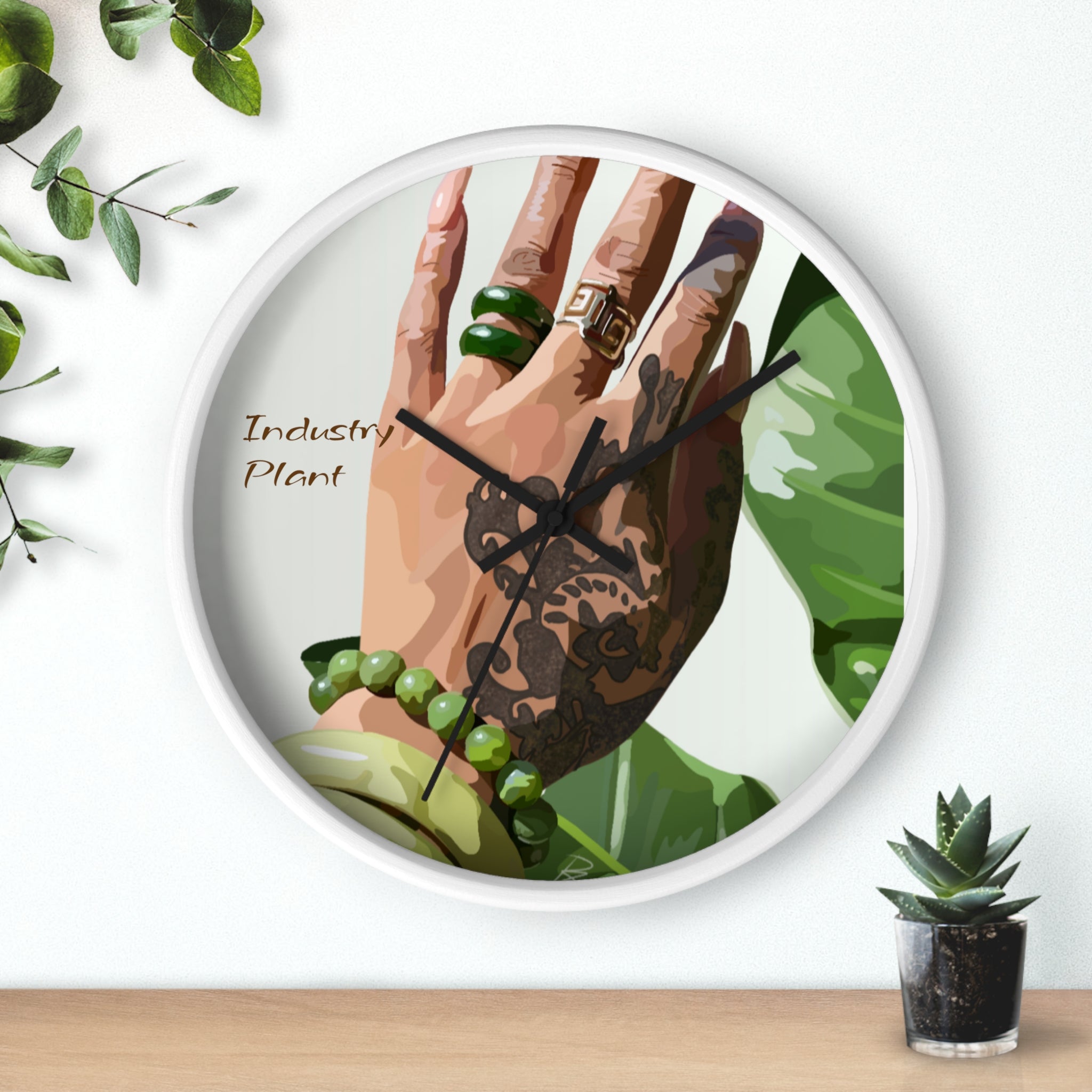 TATTED GREEN THUMB Wall Clock — Decorative Plant Parent Gift Fine Art Print Clock for Office & Study by Industry Plant