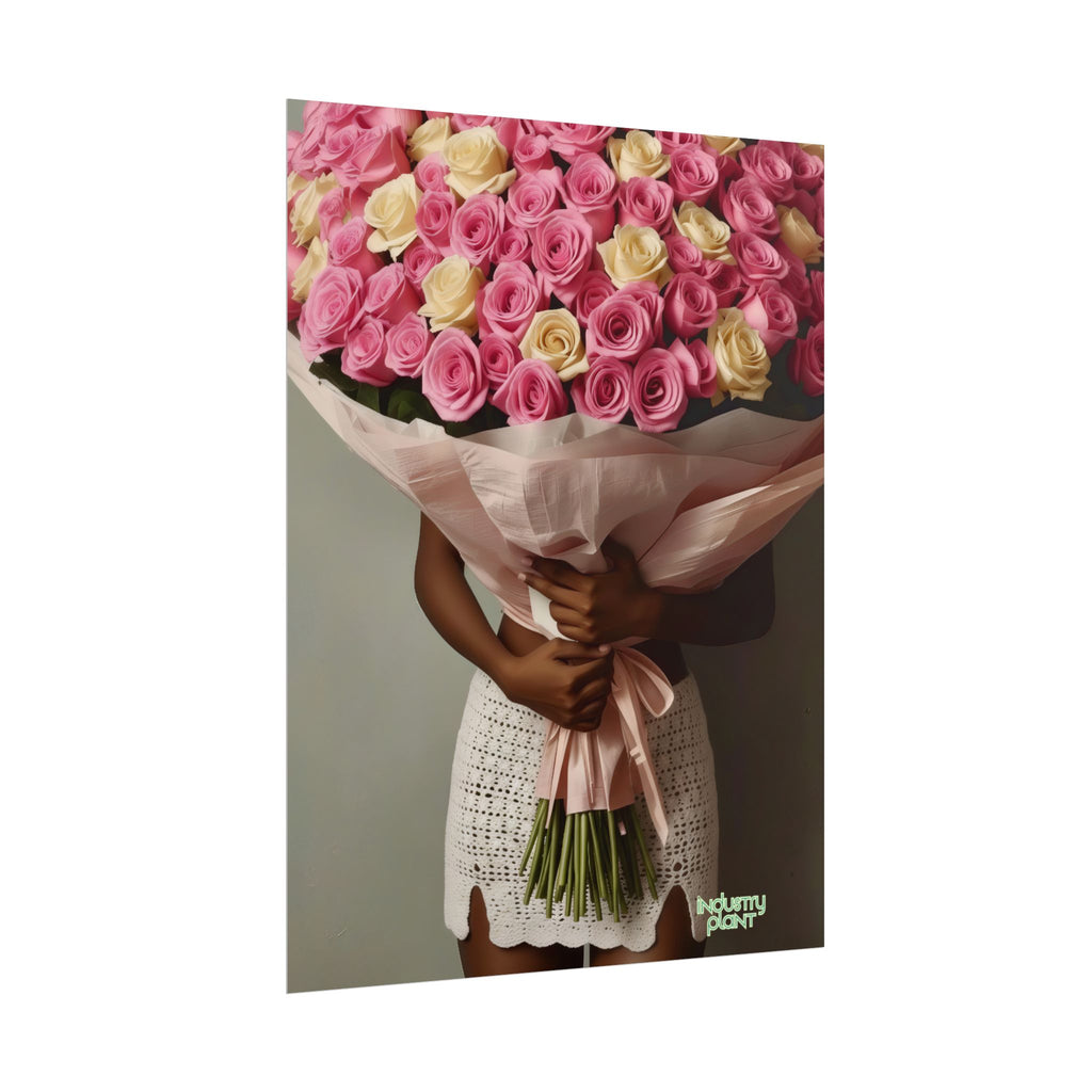 XOXO MS. BLOOMINGDALES PINK FINE Floral Bouquet Fine Art Poster — Woman Holding Pink & Cream Roses (Vertical Floral Wall Art) by INDUSTRY PLANT @AutoPaybump