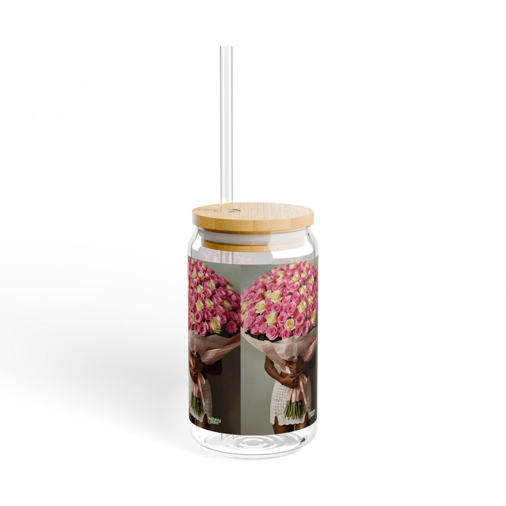 XOXO MS. BLOOMINGDALES PINK Stylish Bamboo Lid Sipper Glass - 16oz with Artistic Design by INDUSTRY PLANT @AutoPaybump