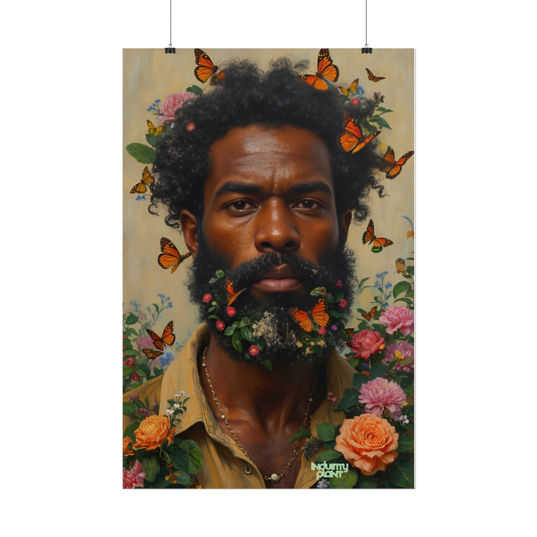 THE SPIRITUAL LANDSCAPER Fine Art Poster — Portrait of Man with Floral Beard and Butterflies, Botanical Fine Art Print by INDUSTRY PLANT @AutoPaybump