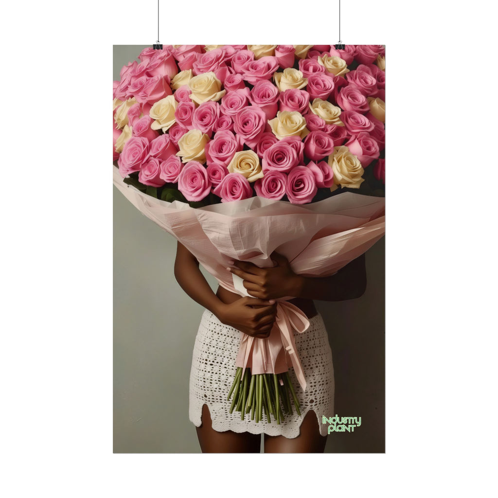 XOXO MS. BLOOMINGDALES PINK FINE Floral Bouquet Fine Art Poster — Woman Holding Pink & Cream Roses (Vertical Floral Wall Art) by INDUSTRY PLANT @AutoPaybump