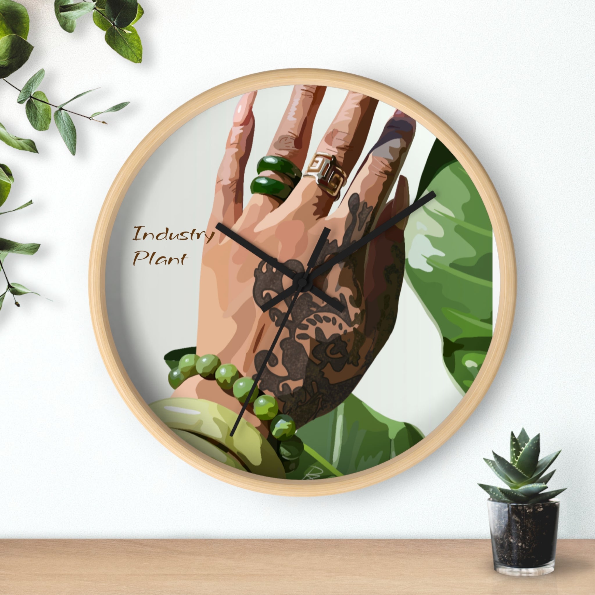 TATTED GREEN THUMB Wall Clock — Decorative Plant Parent Gift Fine Art Print Clock for Office & Study by Industry Plant