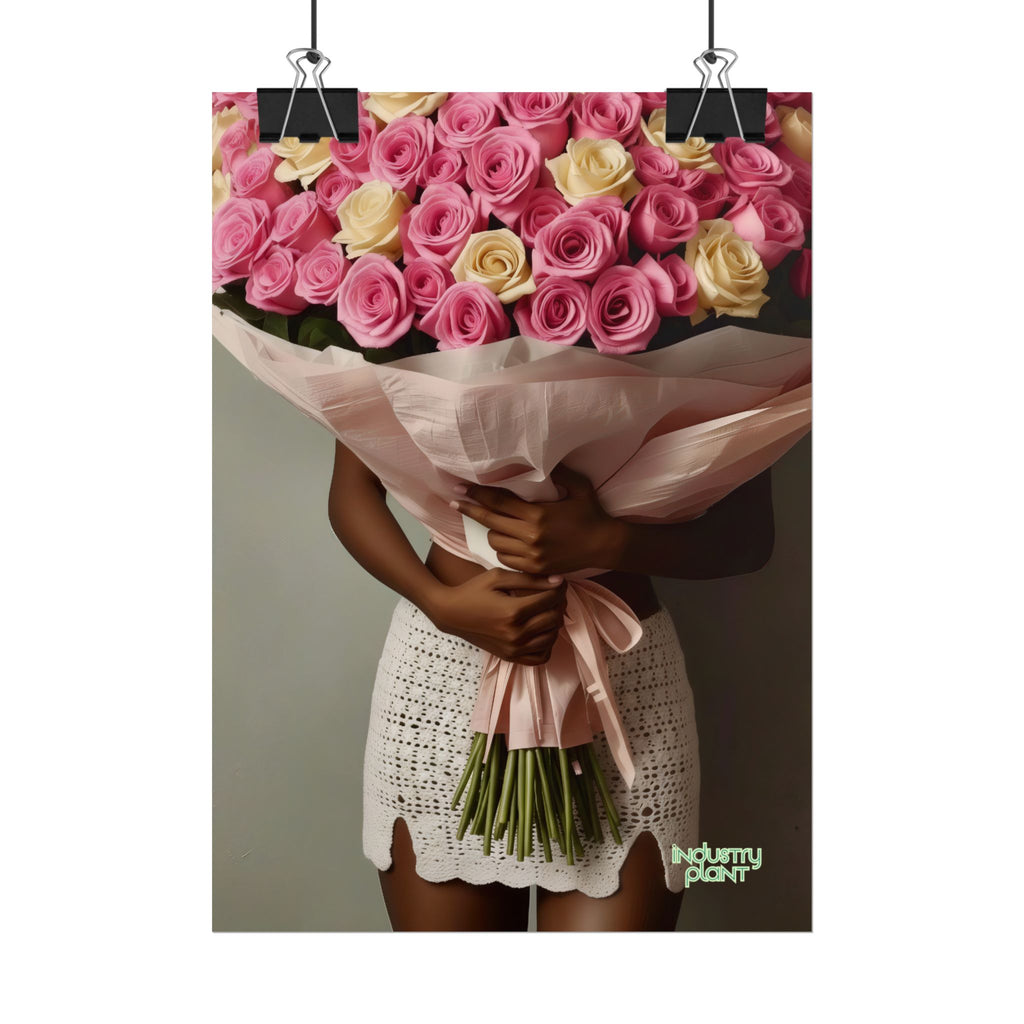 XOXO MS. BLOOMINGDALES PINK FINE Floral Bouquet Fine Art Poster — Woman Holding Pink & Cream Roses (Vertical Floral Wall Art) by INDUSTRY PLANT @AutoPaybump