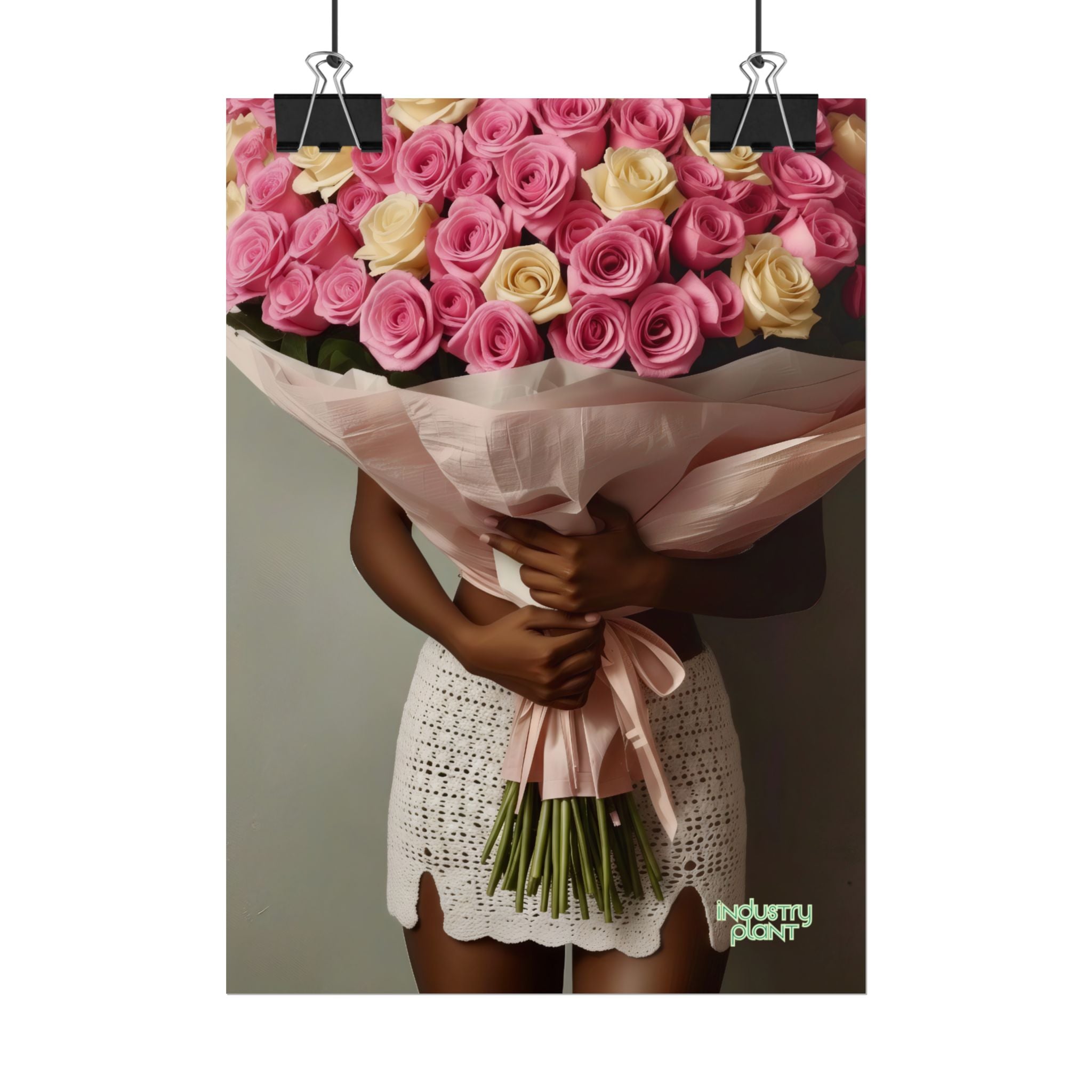 XOXO MS. BLOOMINGDALES PINK FINE Floral Bouquet Fine Art Poster — Woman Holding Pink & Cream Roses (Vertical Floral Wall Art) by INDUSTRY PLANT @AutoPaybump