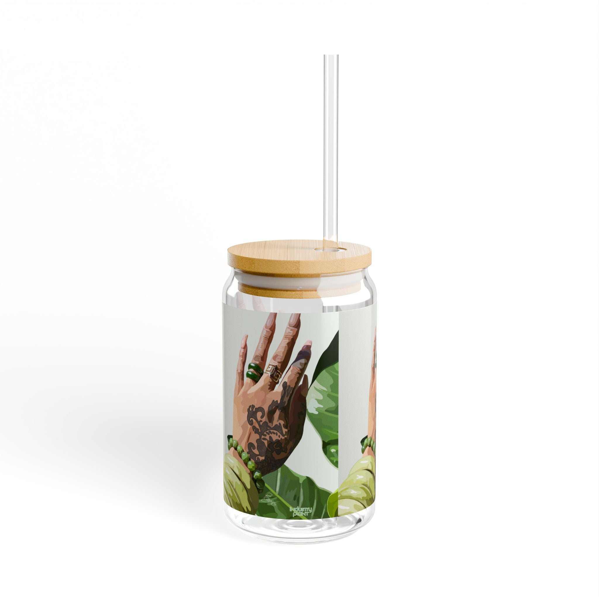 TATTED GREEN THUMB Stylish Bamboo Lid Sipper Glass - 16oz with Artistic Design by INDUSTRY PLANT @AutoPaybump