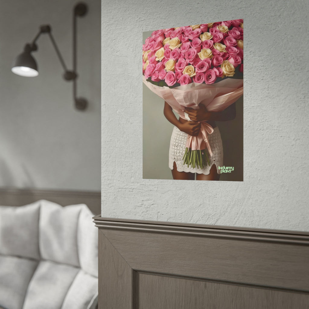 XOXO MS. BLOOMINGDALES PINK FINE Floral Bouquet Fine Art Poster — Woman Holding Pink & Cream Roses (Vertical Floral Wall Art) by INDUSTRY PLANT @AutoPaybump