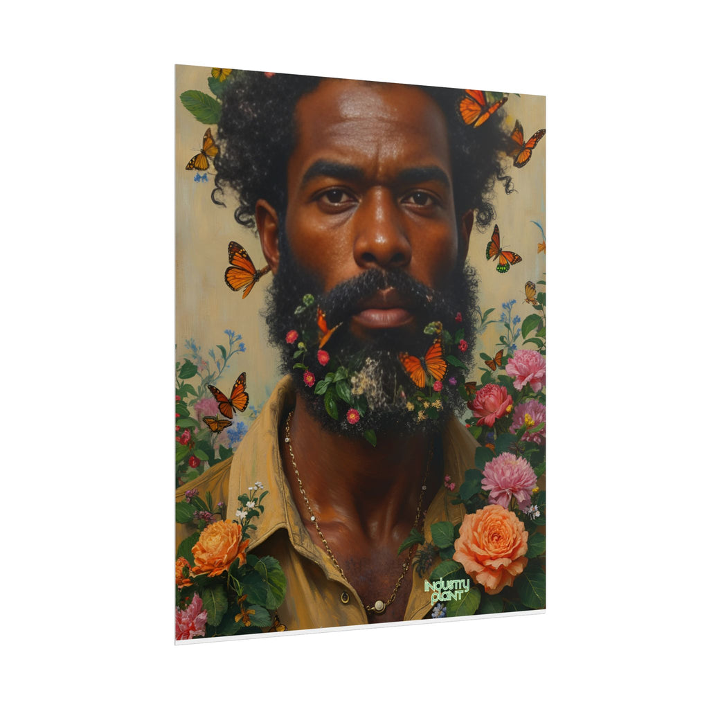 THE SPIRITUAL LANDSCAPER Fine Art Poster — Portrait of Man with Floral Beard and Butterflies, Botanical Fine Art Print by INDUSTRY PLANT @AutoPaybump