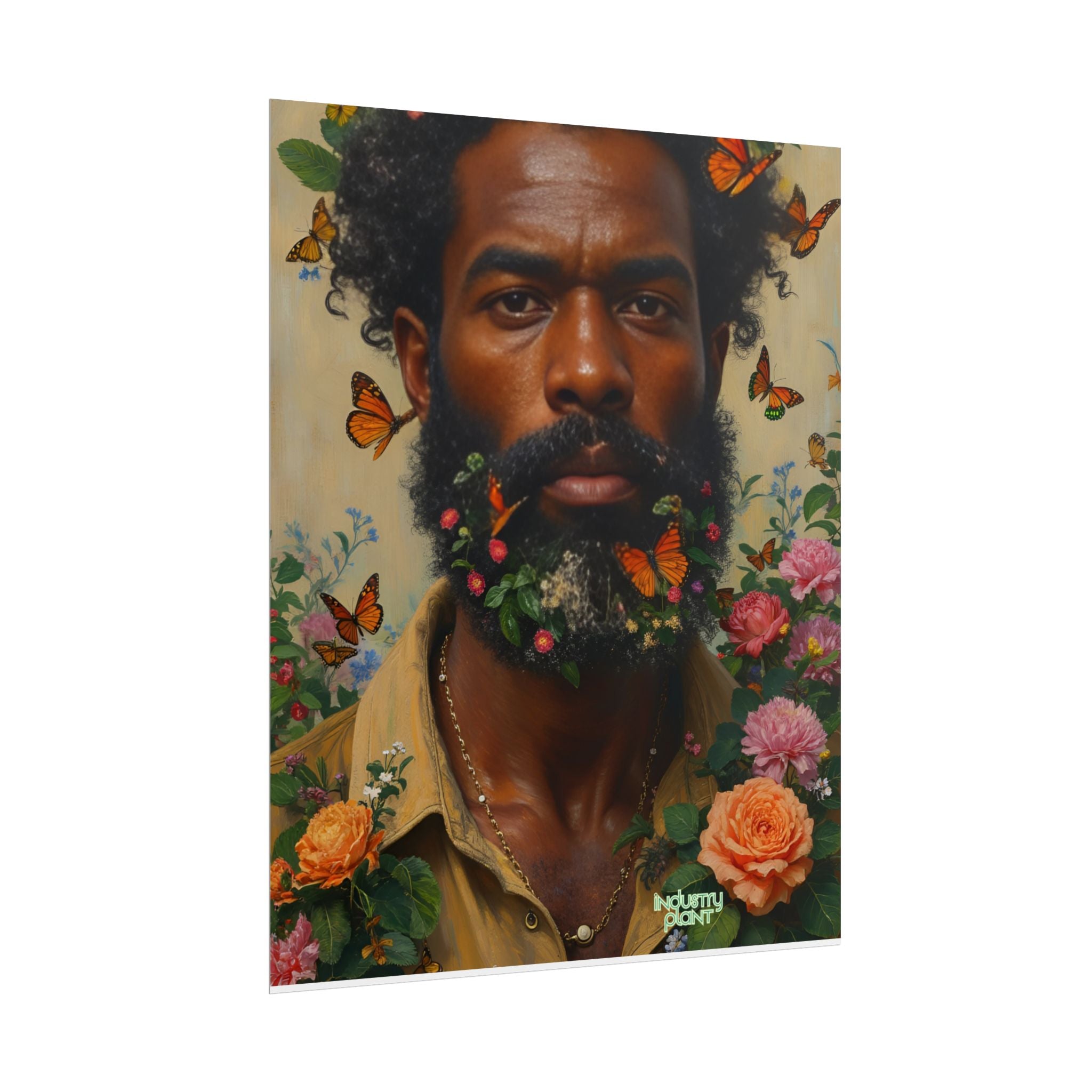 THE SPIRITUAL LANDSCAPER Fine Art Poster — Portrait of Man with Floral Beard and Butterflies, Botanical Fine Art Print by INDUSTRY PLANT @AutoPaybump