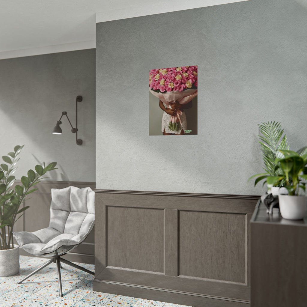 XOXO MS. BLOOMINGDALES PINK FINE Floral Bouquet Fine Art Poster — Woman Holding Pink & Cream Roses (Vertical Floral Wall Art) by INDUSTRY PLANT @AutoPaybump