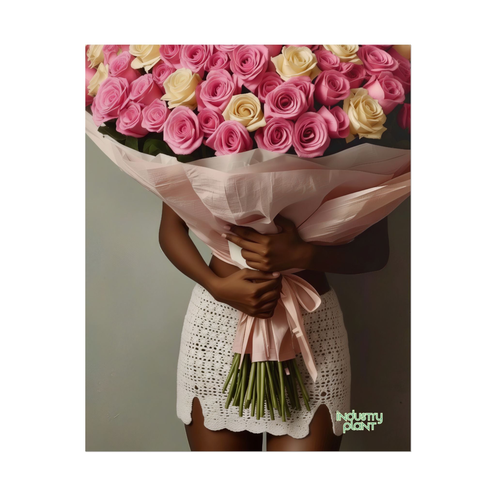 XOXO MS. BLOOMINGDALES PINK FINE Floral Bouquet Fine Art Poster — Woman Holding Pink & Cream Roses (Vertical Floral Wall Art) by INDUSTRY PLANT @AutoPaybump