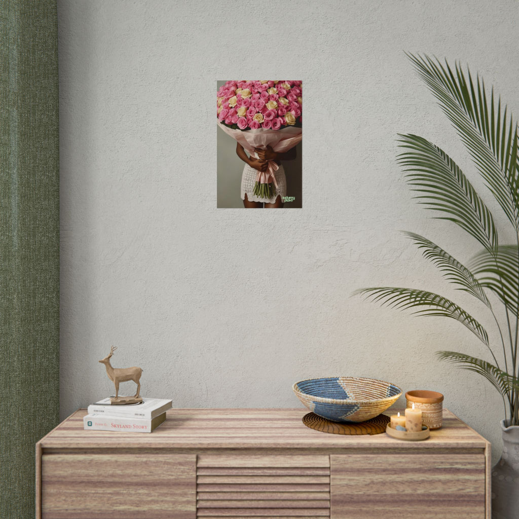 XOXO MS. BLOOMINGDALES PINK FINE Floral Bouquet Fine Art Poster — Woman Holding Pink & Cream Roses (Vertical Floral Wall Art) by INDUSTRY PLANT @AutoPaybump