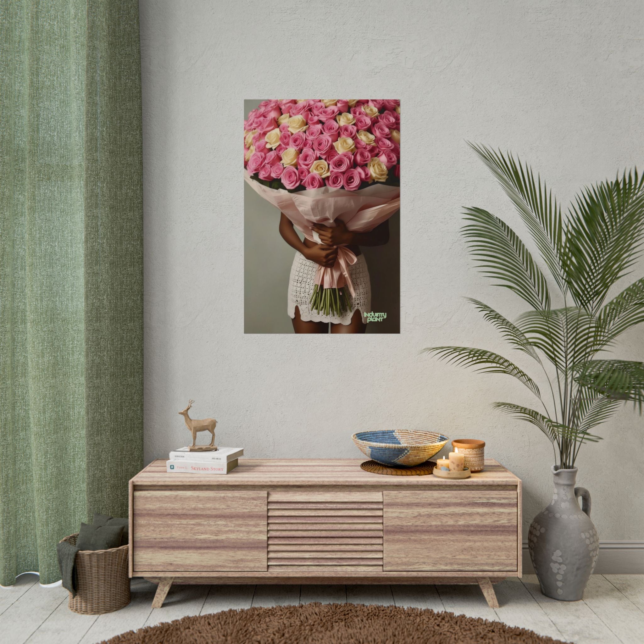 XOXO MS. BLOOMINGDALES PINK FINE Floral Bouquet Fine Art Poster — Woman Holding Pink & Cream Roses (Vertical Floral Wall Art) by INDUSTRY PLANT @AutoPaybump