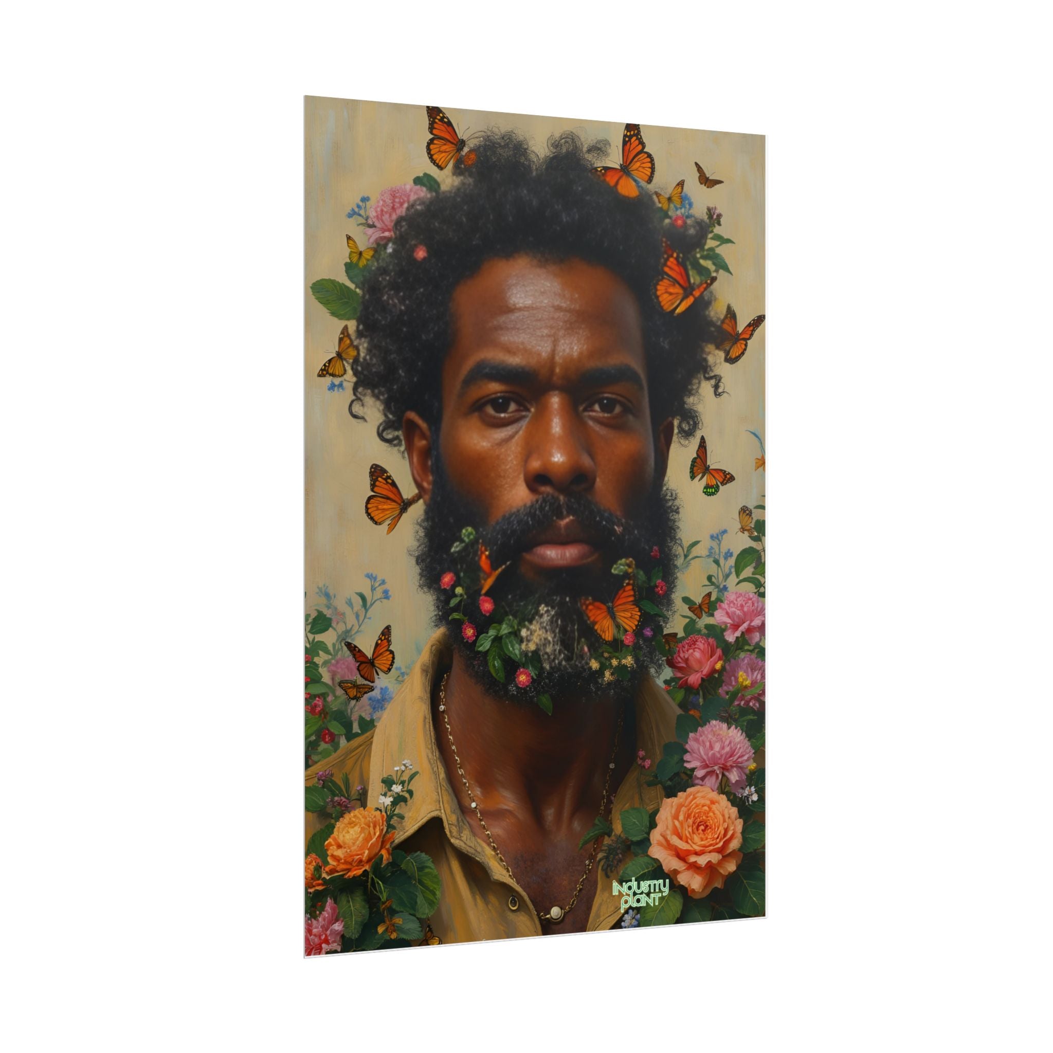 THE SPIRITUAL LANDSCAPER Fine Art Poster — Portrait of Man with Floral Beard and Butterflies, Botanical Fine Art Print by INDUSTRY PLANT @AutoPaybump