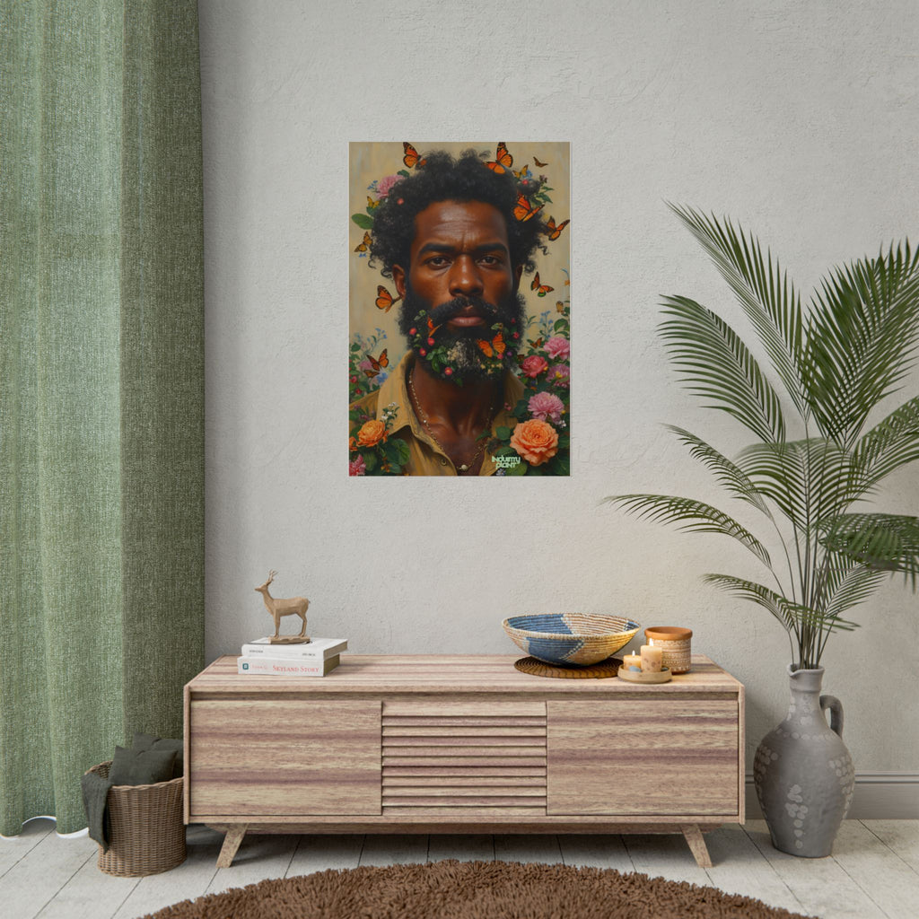 THE SPIRITUAL LANDSCAPER Fine Art Poster — Portrait of Man with Floral Beard and Butterflies, Botanical Fine Art Print by INDUSTRY PLANT @AutoPaybump