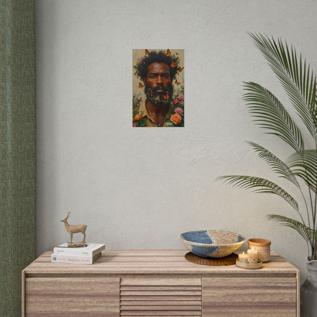 THE SPIRITUAL LANDSCAPER Fine Art Poster — Portrait of Man with Floral Beard and Butterflies, Botanical Fine Art Print by INDUSTRY PLANT @AutoPaybump