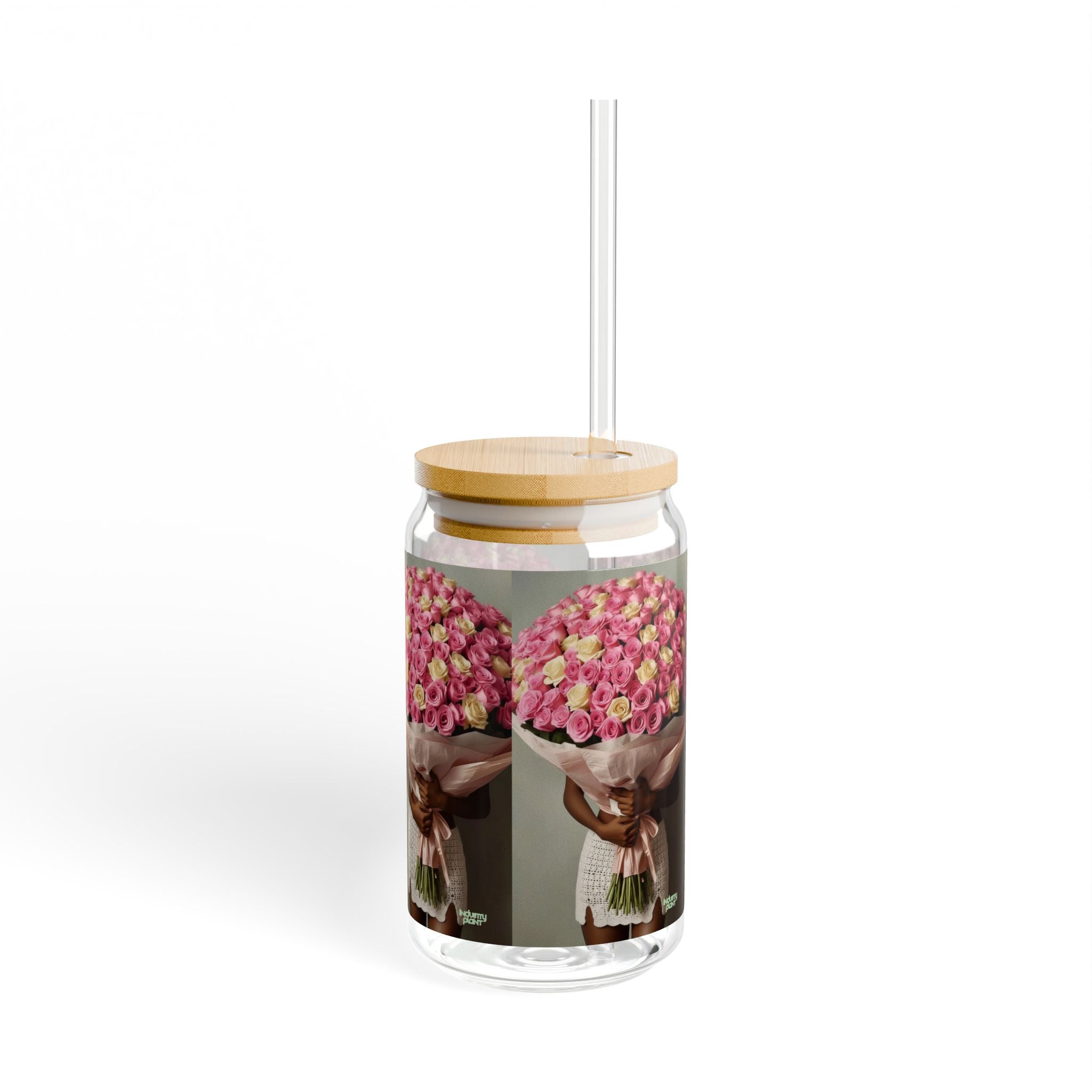 XOXO MS. BLOOMINGDALES PINK Stylish Bamboo Lid Sipper Glass - 16oz with Artistic Design by INDUSTRY PLANT @AutoPaybump