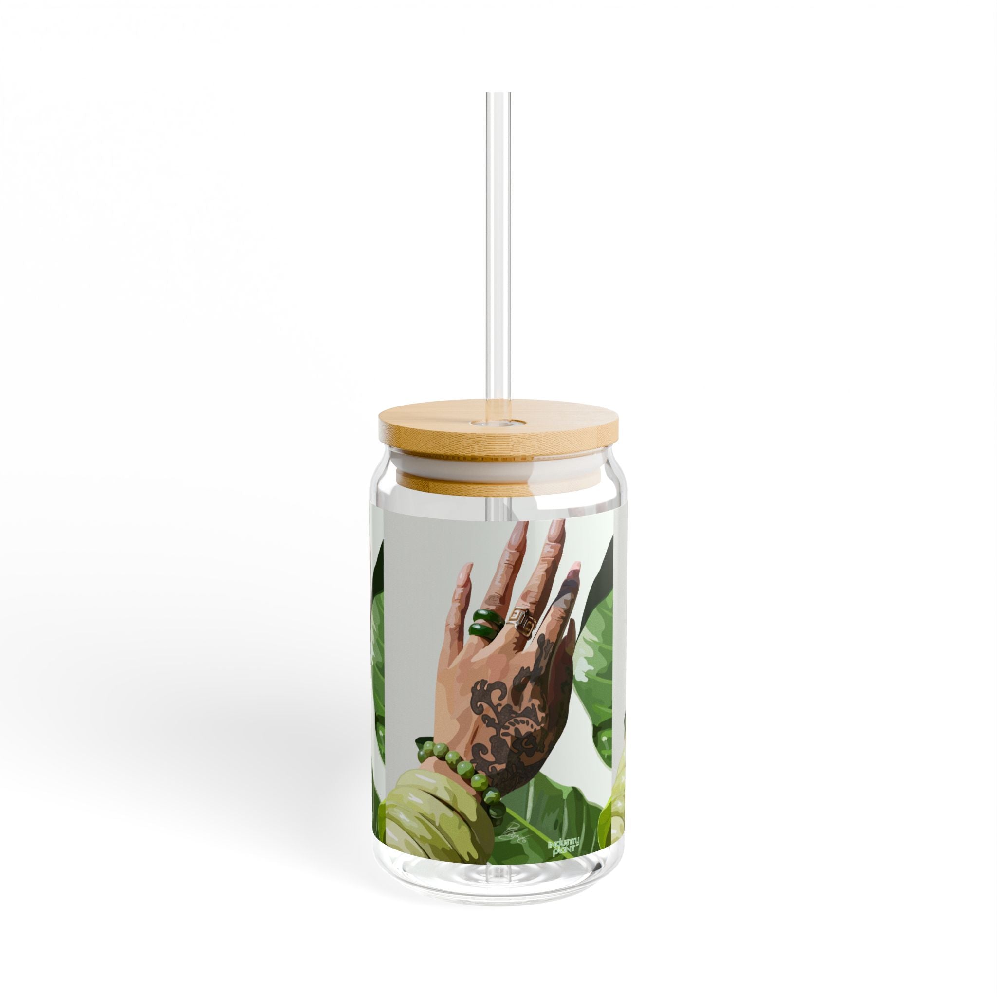 TATTED GREEN THUMB Stylish Bamboo Lid Sipper Glass - 16oz with Artistic Design by INDUSTRY PLANT @AutoPaybump