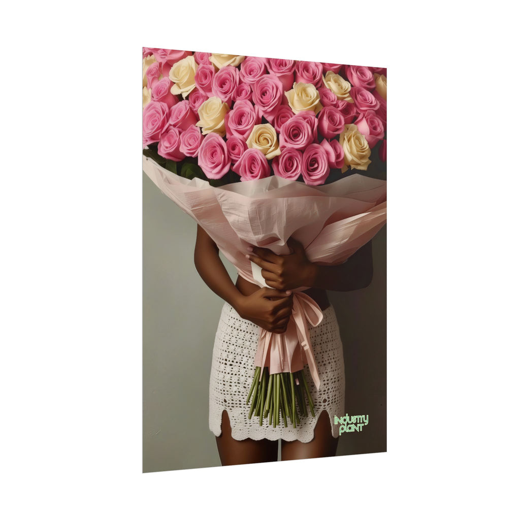 XOXO MS. BLOOMINGDALES PINK FINE Floral Bouquet Fine Art Poster — Woman Holding Pink & Cream Roses (Vertical Floral Wall Art) by INDUSTRY PLANT @AutoPaybump