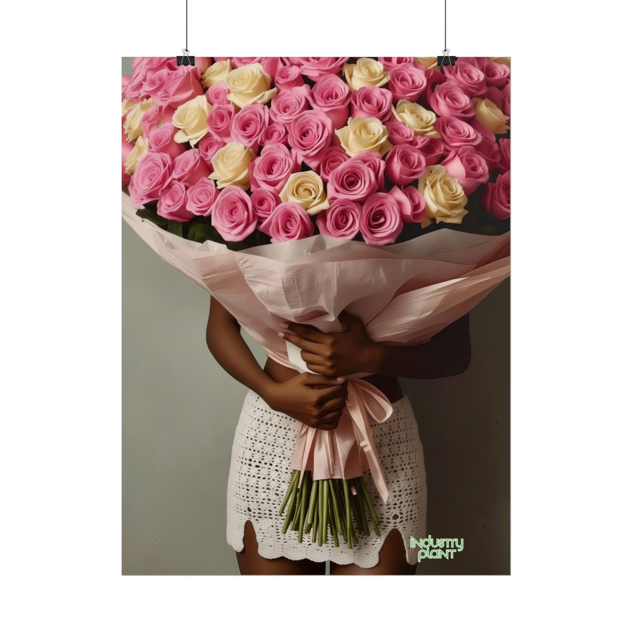XOXO MS. BLOOMINGDALES PINK FINE Floral Bouquet Fine Art Poster — Woman Holding Pink & Cream Roses (Vertical Floral Wall Art) by INDUSTRY PLANT @AutoPaybump