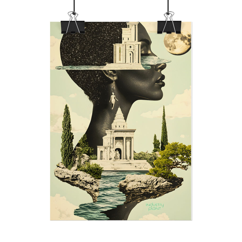 THE FUTURE IS FEMME Surreal Afro Futuristic Beautiful Black Muse Fine Art Poster — Floating Black Goddess Temple Fine Art Print by INDUSTRY PLANT @AutoPaybump