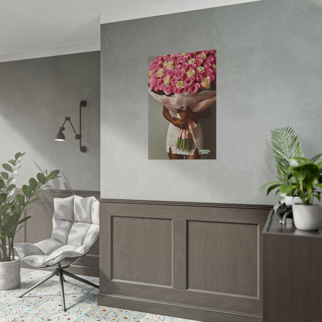 XOXO MS. BLOOMINGDALES PINK FINE Floral Bouquet Fine Art Poster — Woman Holding Pink & Cream Roses (Vertical Floral Wall Art) by INDUSTRY PLANT @AutoPaybump