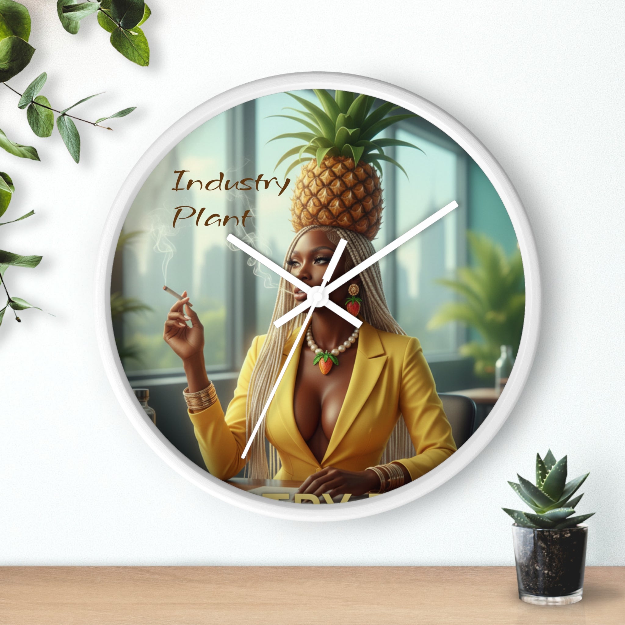 OSHUN EXHALES Wall Clock — Decorative Beautiful Black Female Cannabis Smoker Fine Art Print Clock for Office & Study by Industry Plant