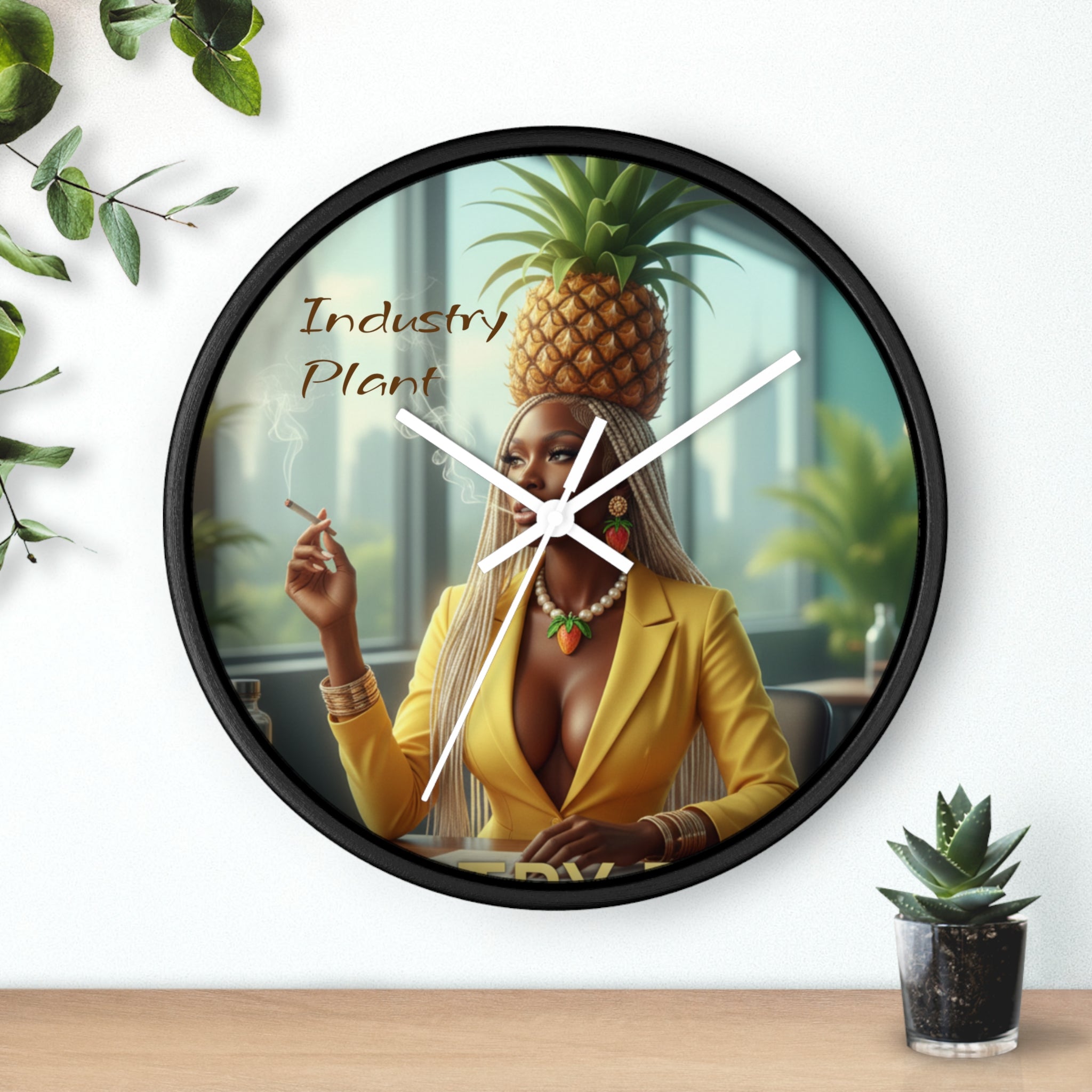 OSHUN EXHALES Wall Clock — Decorative Beautiful Black Female Cannabis Smoker Fine Art Print Clock for Office & Study by Industry Plant