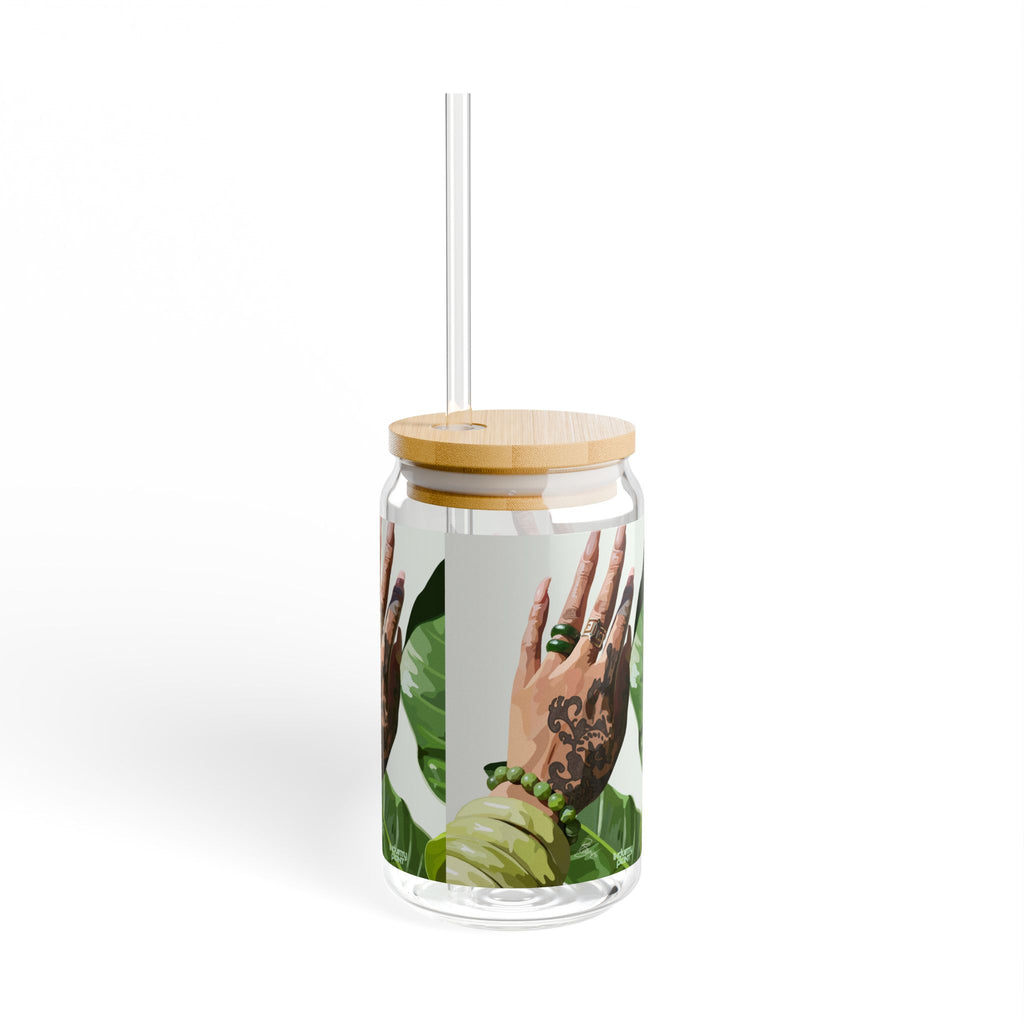 TATTED GREEN THUMB Stylish Bamboo Lid Sipper Glass - 16oz with Artistic Design by INDUSTRY PLANT @AutoPaybump
