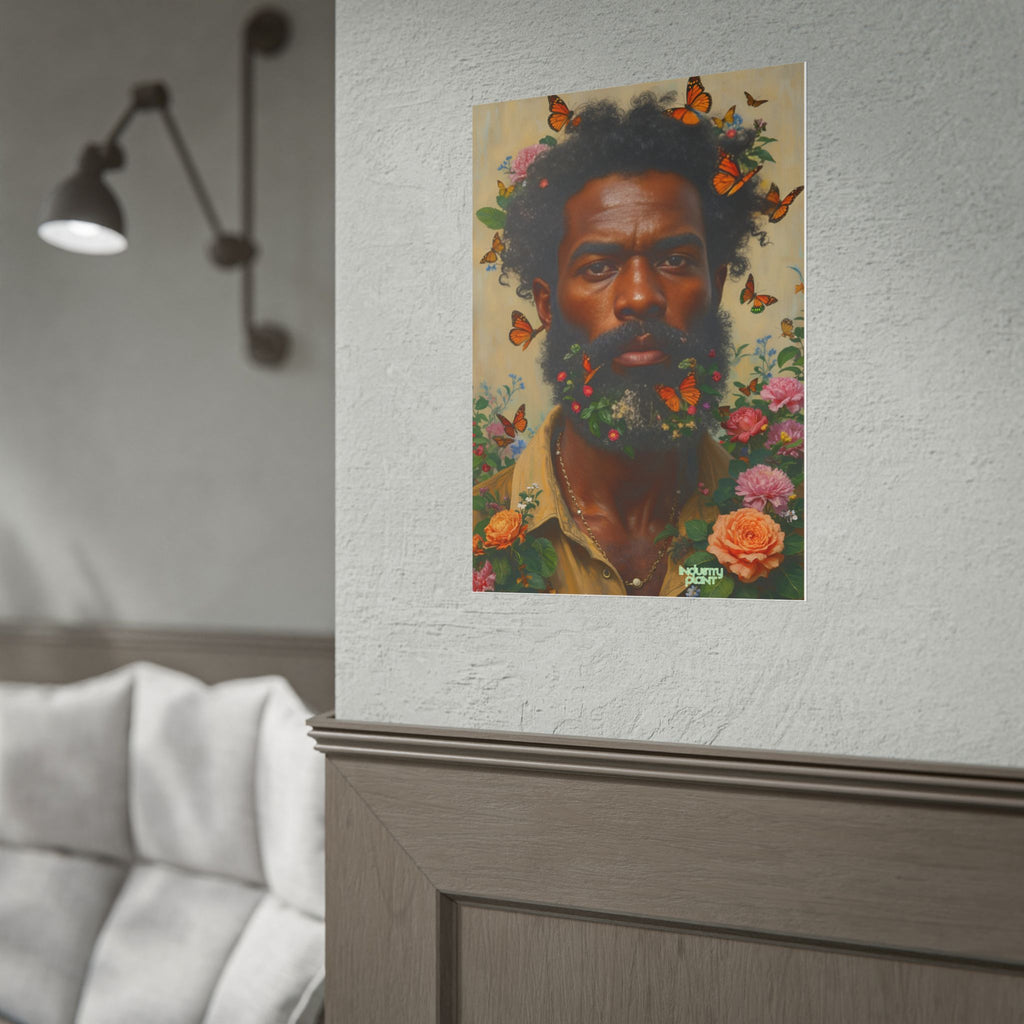 THE SPIRITUAL LANDSCAPER Fine Art Poster — Portrait of Man with Floral Beard and Butterflies, Botanical Fine Art Print by INDUSTRY PLANT @AutoPaybump