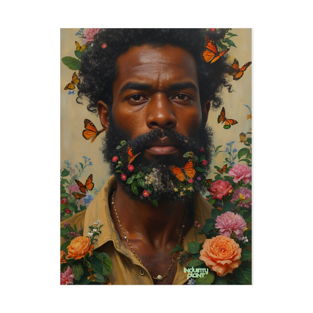 THE SPIRITUAL LANDSCAPER Fine Art Poster — Portrait of Man with Floral Beard and Butterflies, Botanical Fine Art Print by INDUSTRY PLANT @AutoPaybump