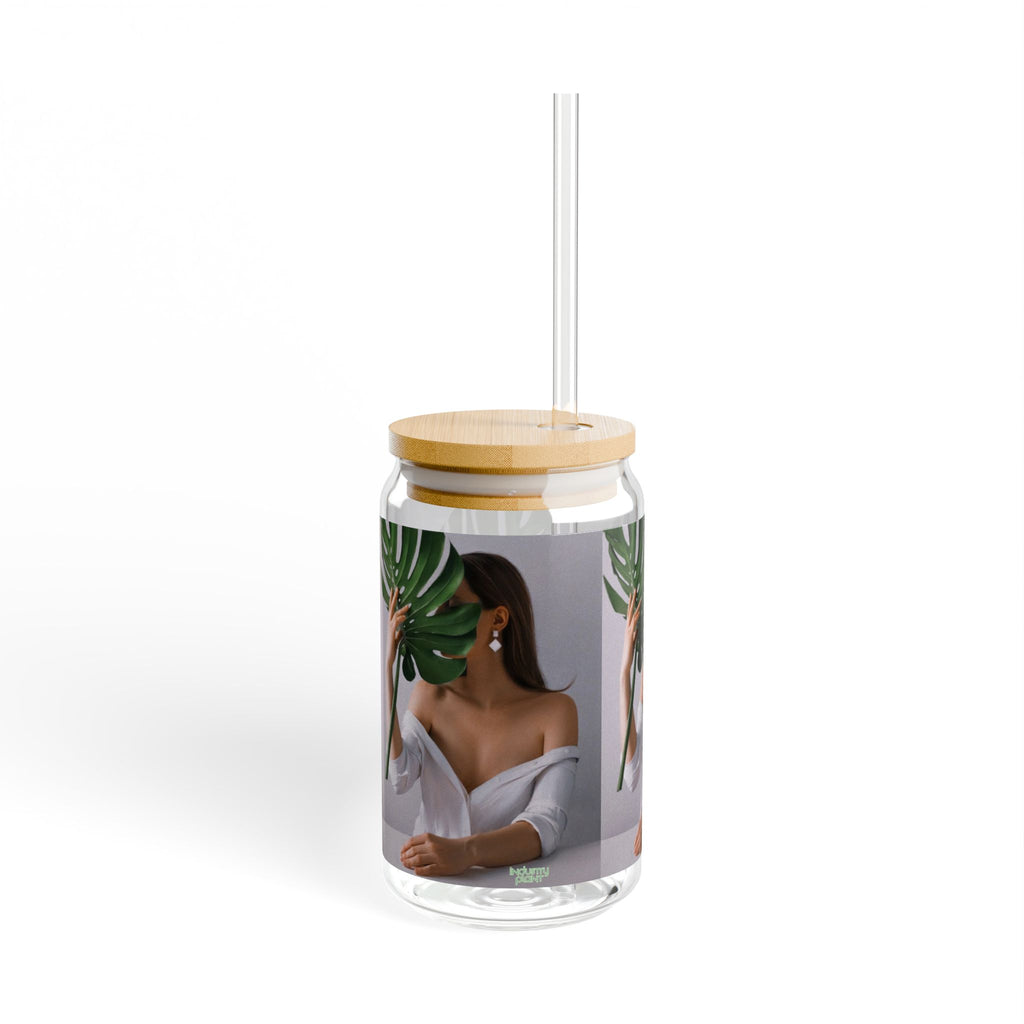 MONSTERA MYSTIQUE Stylish Bamboo Lid Sipper Glass - 16oz with Artistic Design by INDUSTRY PLANT @AutoPaybump