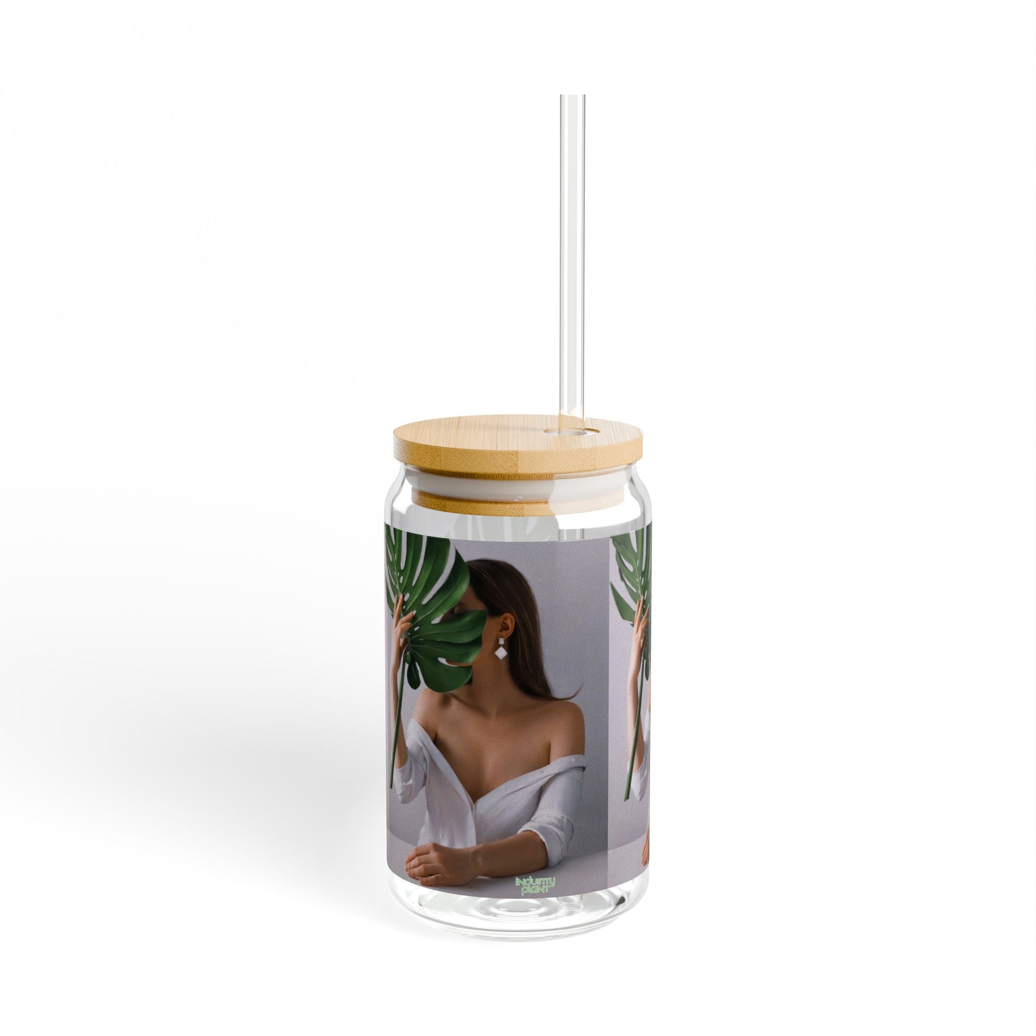 MONSTERA MYSTIQUE Stylish Bamboo Lid Sipper Glass - 16oz with Artistic Design by INDUSTRY PLANT @AutoPaybump