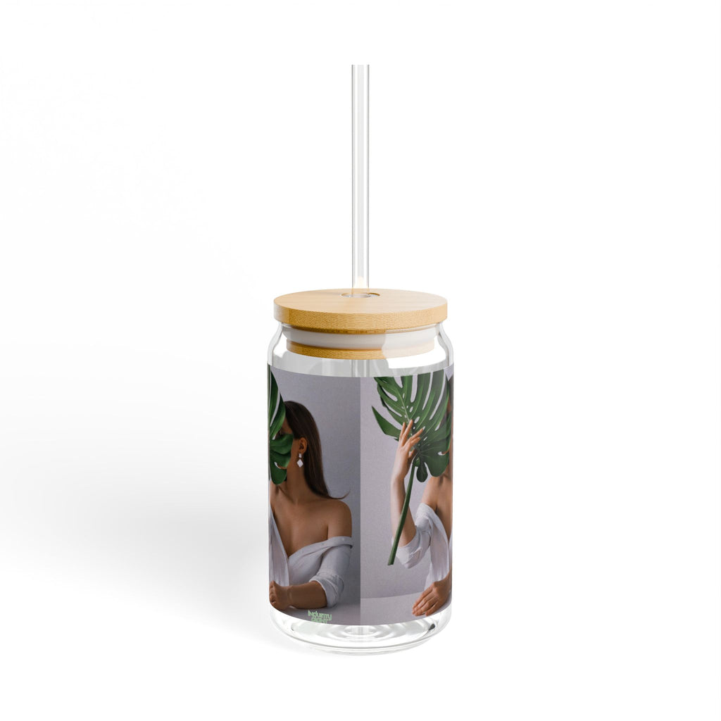 MONSTERA MYSTIQUE Stylish Bamboo Lid Sipper Glass - 16oz with Artistic Design by INDUSTRY PLANT @AutoPaybump