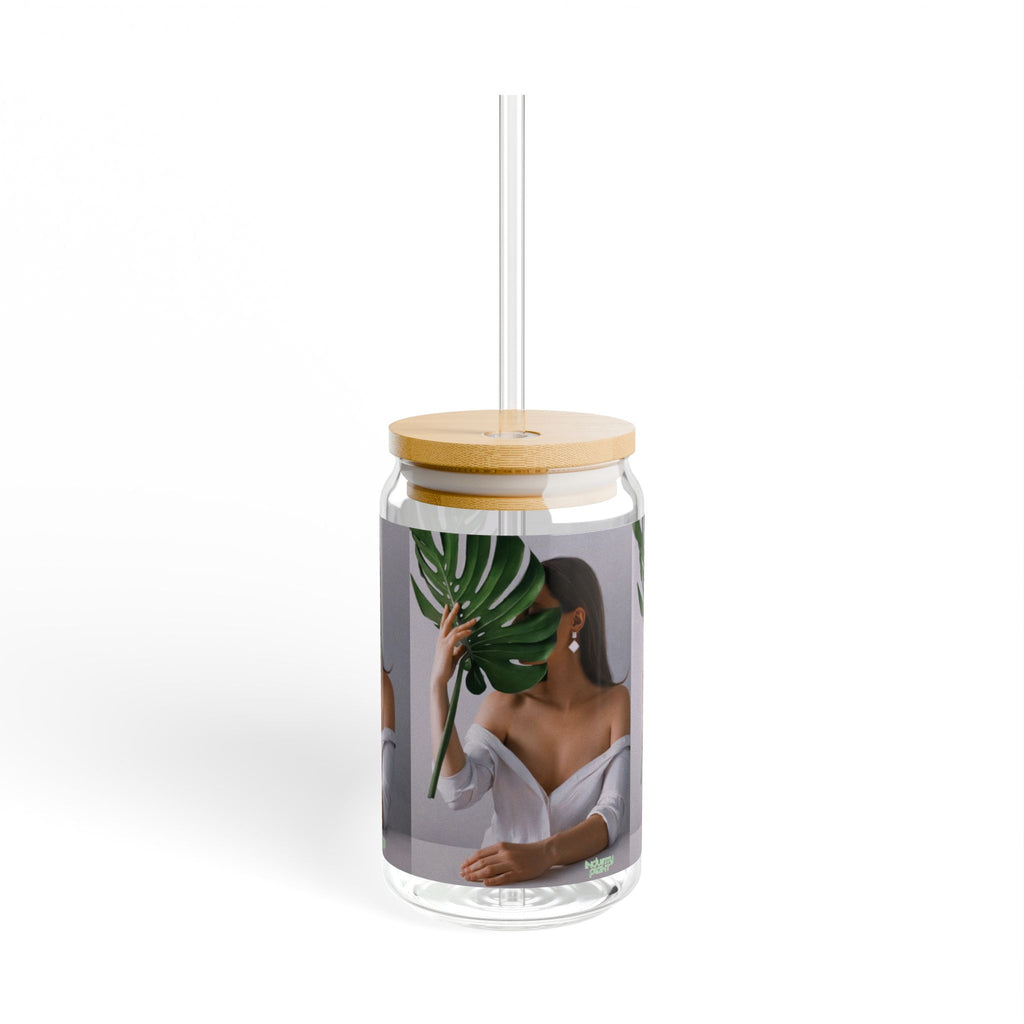 MONSTERA MYSTIQUE Stylish Bamboo Lid Sipper Glass - 16oz with Artistic Design by INDUSTRY PLANT @AutoPaybump