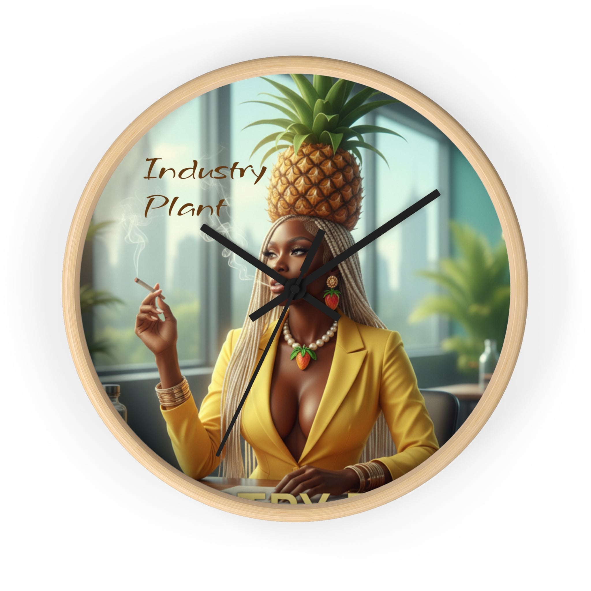 OSHUN EXHALES Wall Clock — Decorative Beautiful Black Female Cannabis Smoker Fine Art Print Clock for Office & Study by Industry Plant