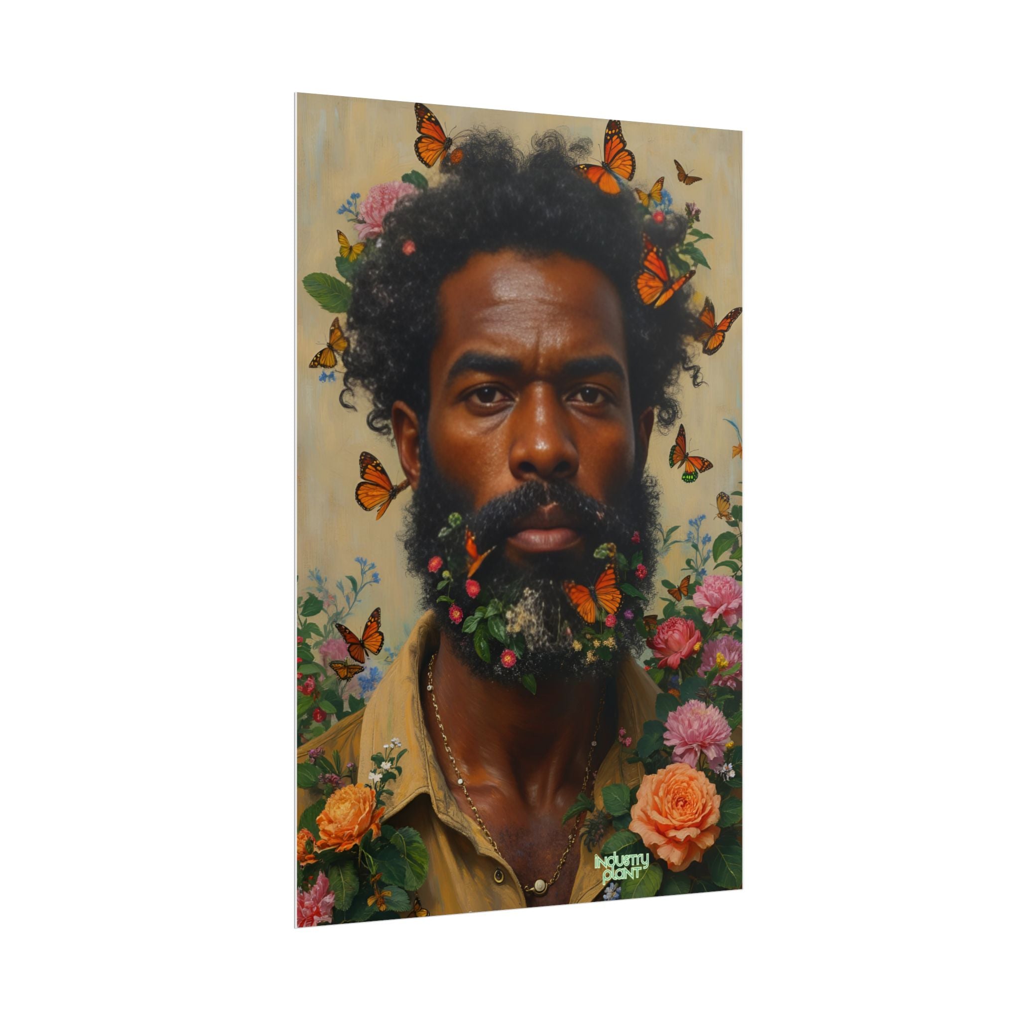 THE SPIRITUAL LANDSCAPER Fine Art Poster — Portrait of Man with Floral Beard and Butterflies, Botanical Fine Art Print by INDUSTRY PLANT @AutoPaybump