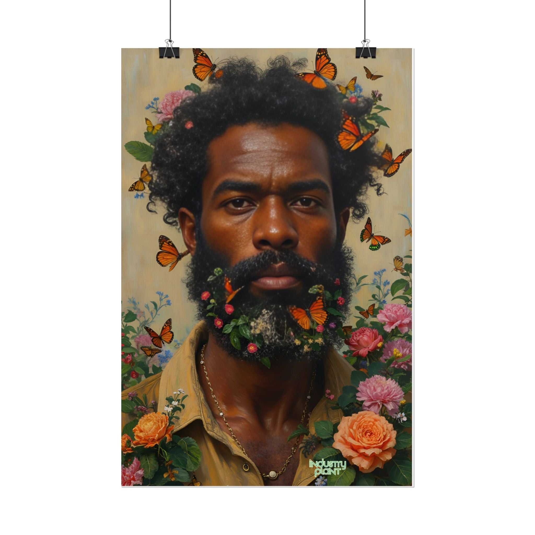 THE SPIRITUAL LANDSCAPER Fine Art Poster — Portrait of Man with Floral Beard and Butterflies, Botanical Fine Art Print by INDUSTRY PLANT @AutoPaybump