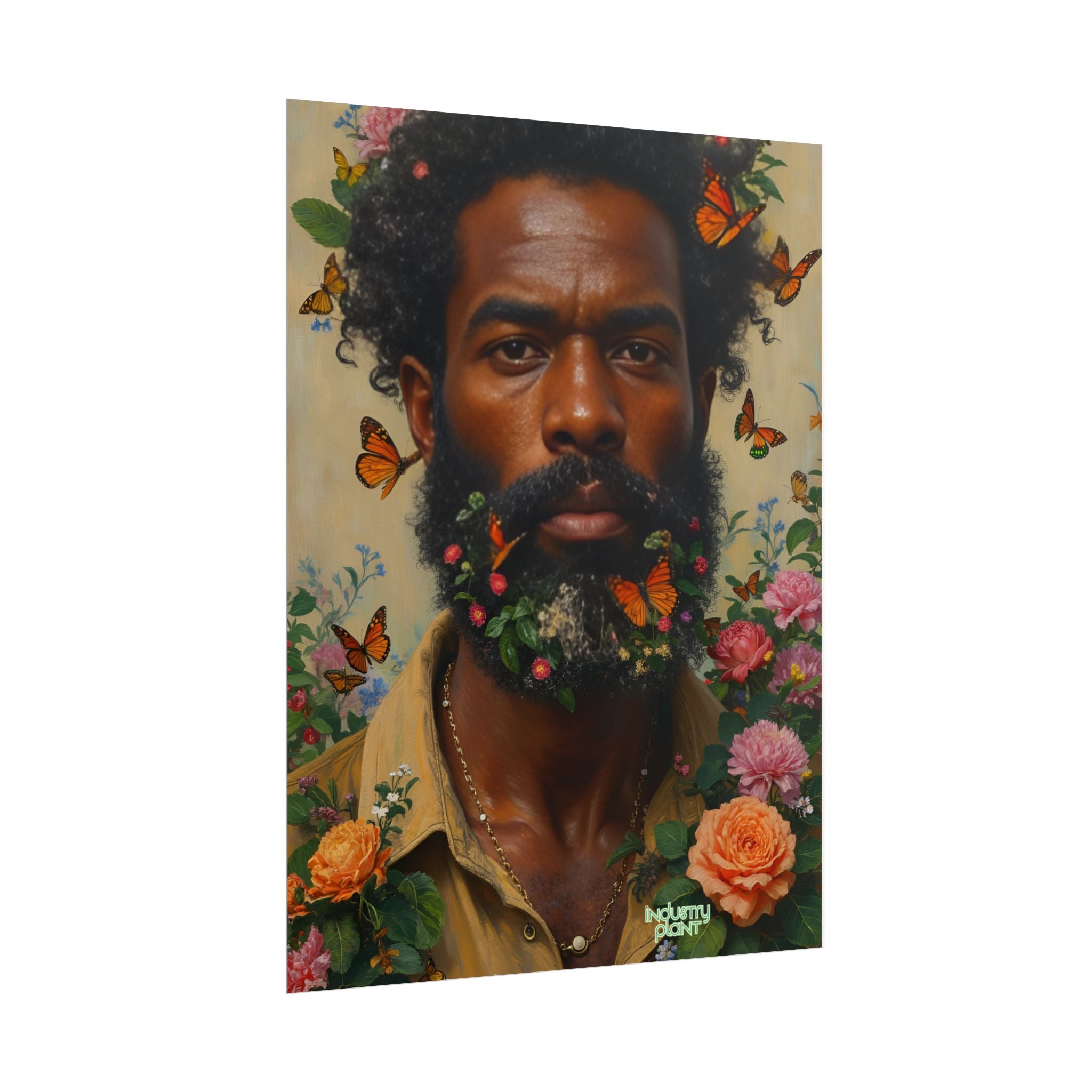 THE SPIRITUAL LANDSCAPER Fine Art Poster — Portrait of Man with Floral Beard and Butterflies, Botanical Fine Art Print by INDUSTRY PLANT @AutoPaybump