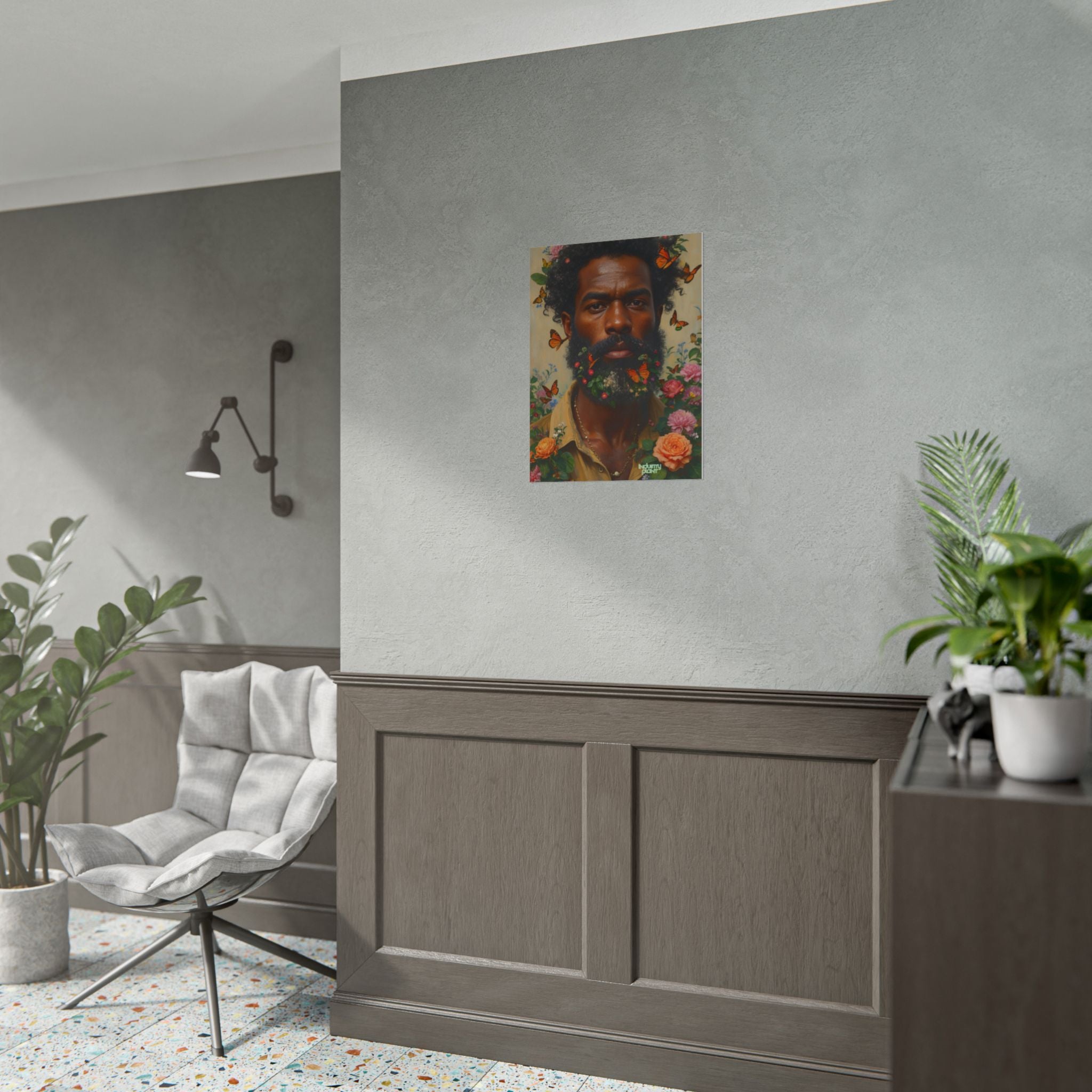 THE SPIRITUAL LANDSCAPER Fine Art Poster — Portrait of Man with Floral Beard and Butterflies, Botanical Fine Art Print by INDUSTRY PLANT @AutoPaybump