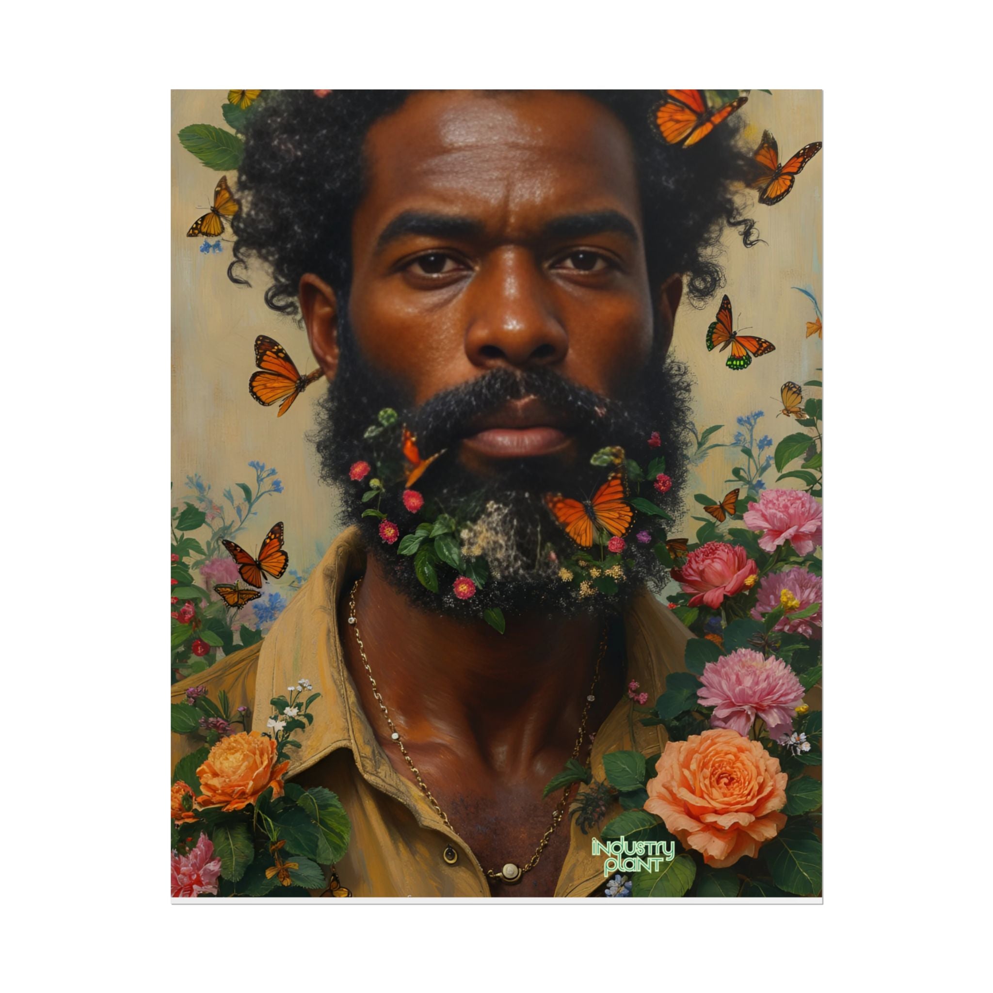 THE SPIRITUAL LANDSCAPER Fine Art Poster — Portrait of Man with Floral Beard and Butterflies, Botanical Fine Art Print by INDUSTRY PLANT @AutoPaybump