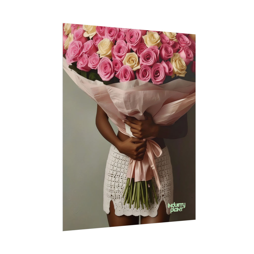 XOXO MS. BLOOMINGDALES PINK FINE Floral Bouquet Fine Art Poster — Woman Holding Pink & Cream Roses (Vertical Floral Wall Art) by INDUSTRY PLANT @AutoPaybump